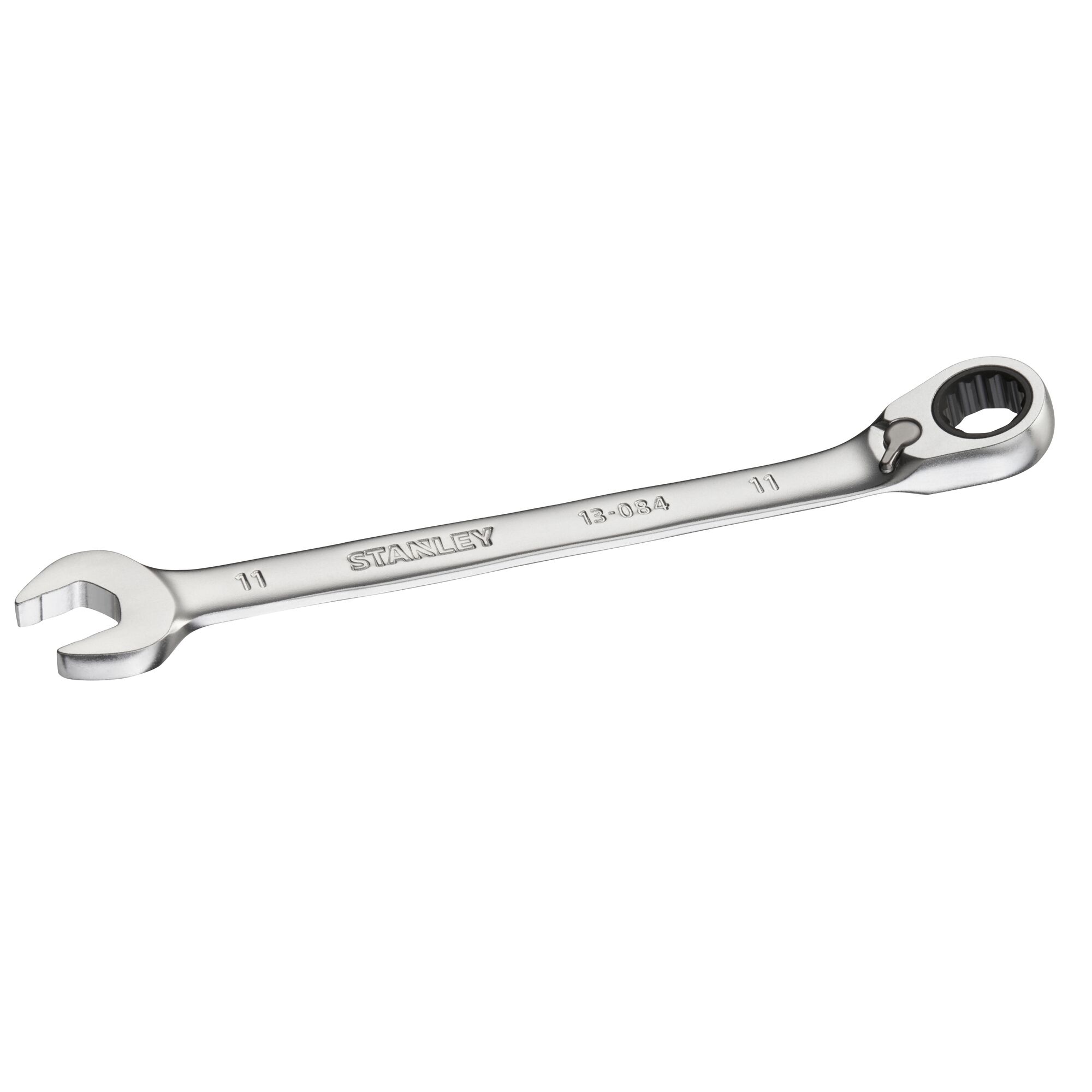 STANLEY FMMT13084-0 ratcheting combination wrench, photography, silver finish, side angle on white background.