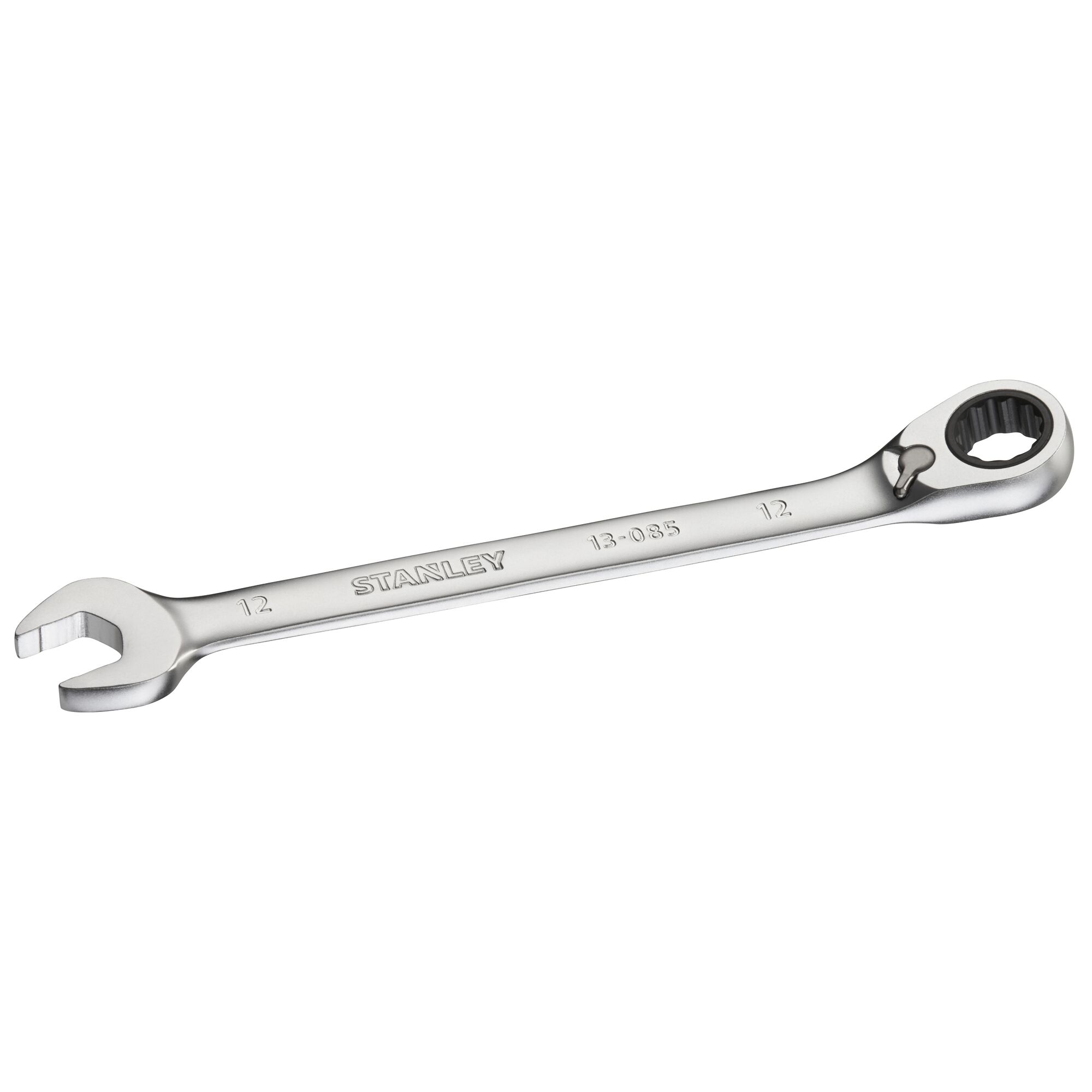 STANLEY FMMT13085-0 ratcheting combination wrench, silver metal, photo angled on white background.