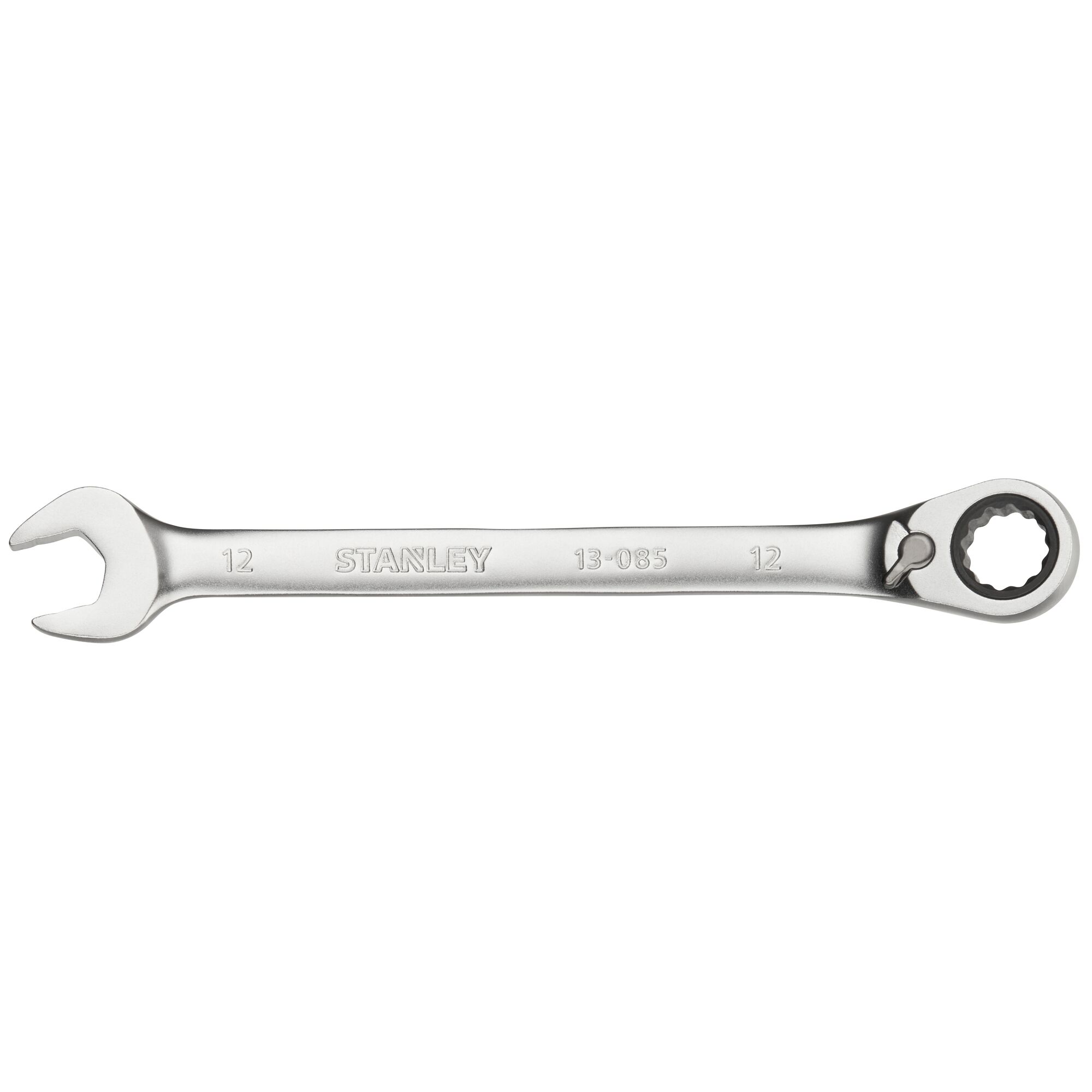 Photo of STANLEY FMMT13085-0 combination ratcheting wrench, silver finish, side view, hand tool.