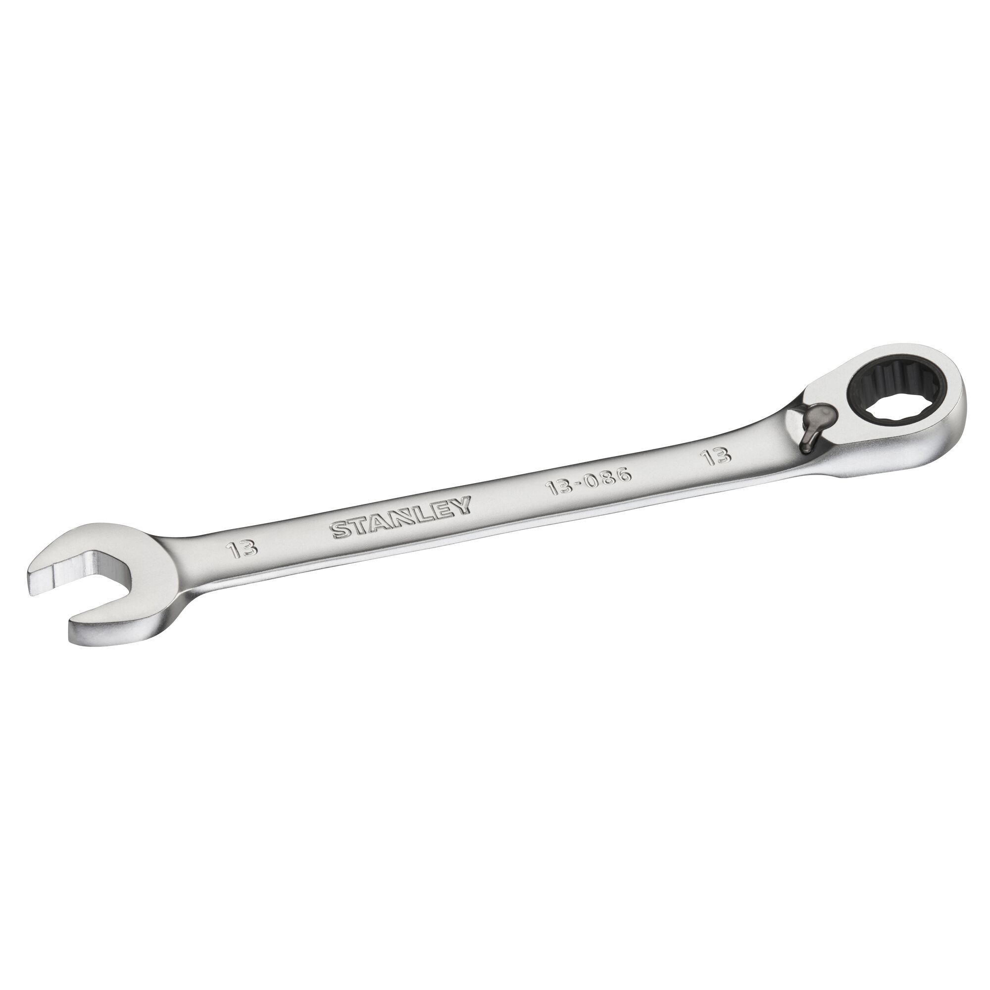 STANLEY FMMT13086-0 ratcheting combination wrench, silver, flat side angle, hand tool.
