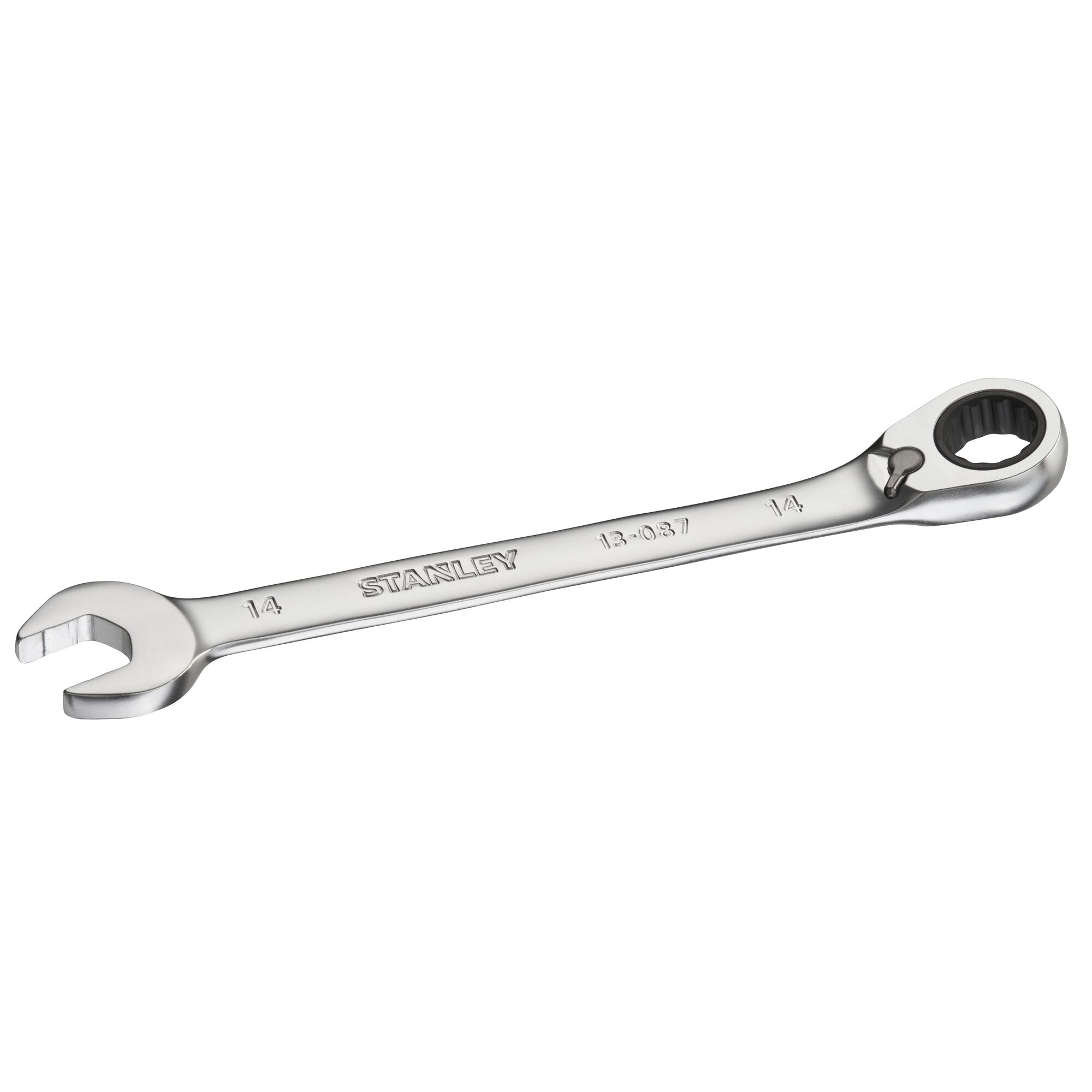 STANLEY FMMT13087-0 ratcheting combination wrench, 14mm, metal, side angle on white background.