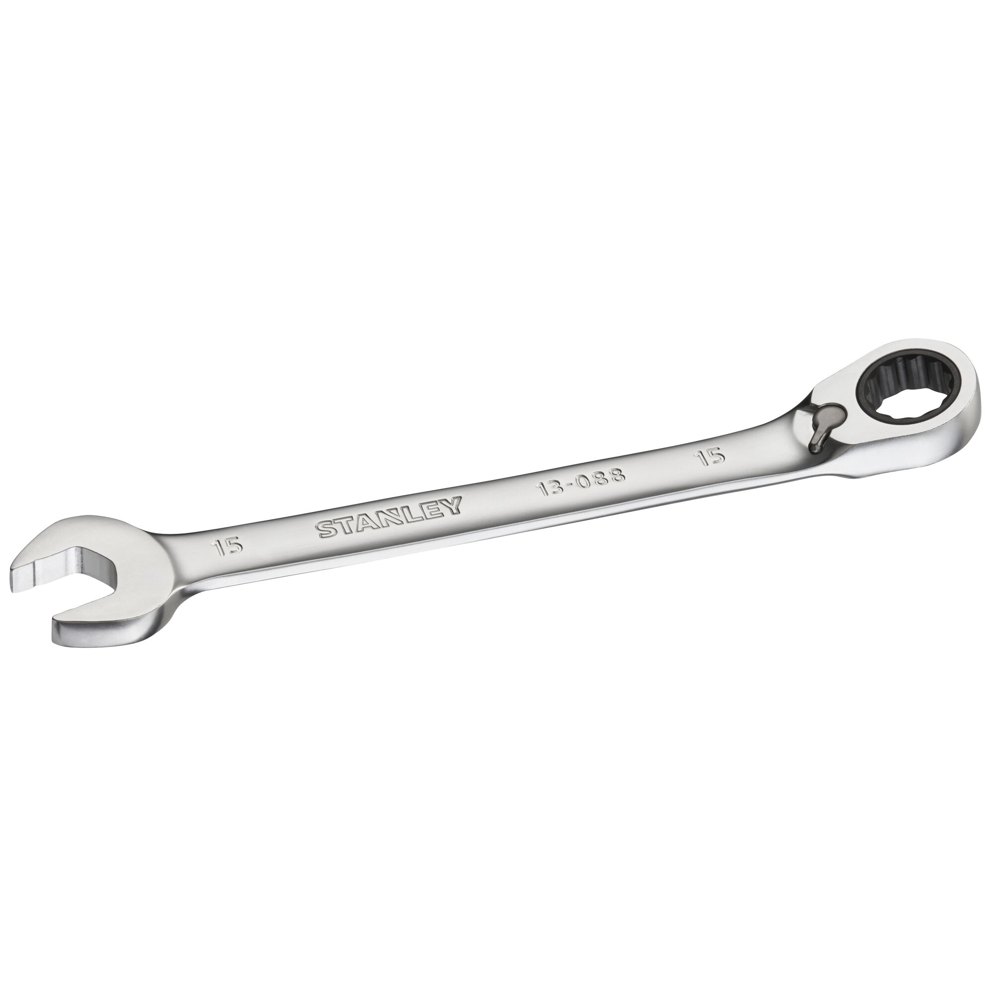 STANLEY FMMT13088-0 combination ratcheting wrench silver, photo from angled side on white background.