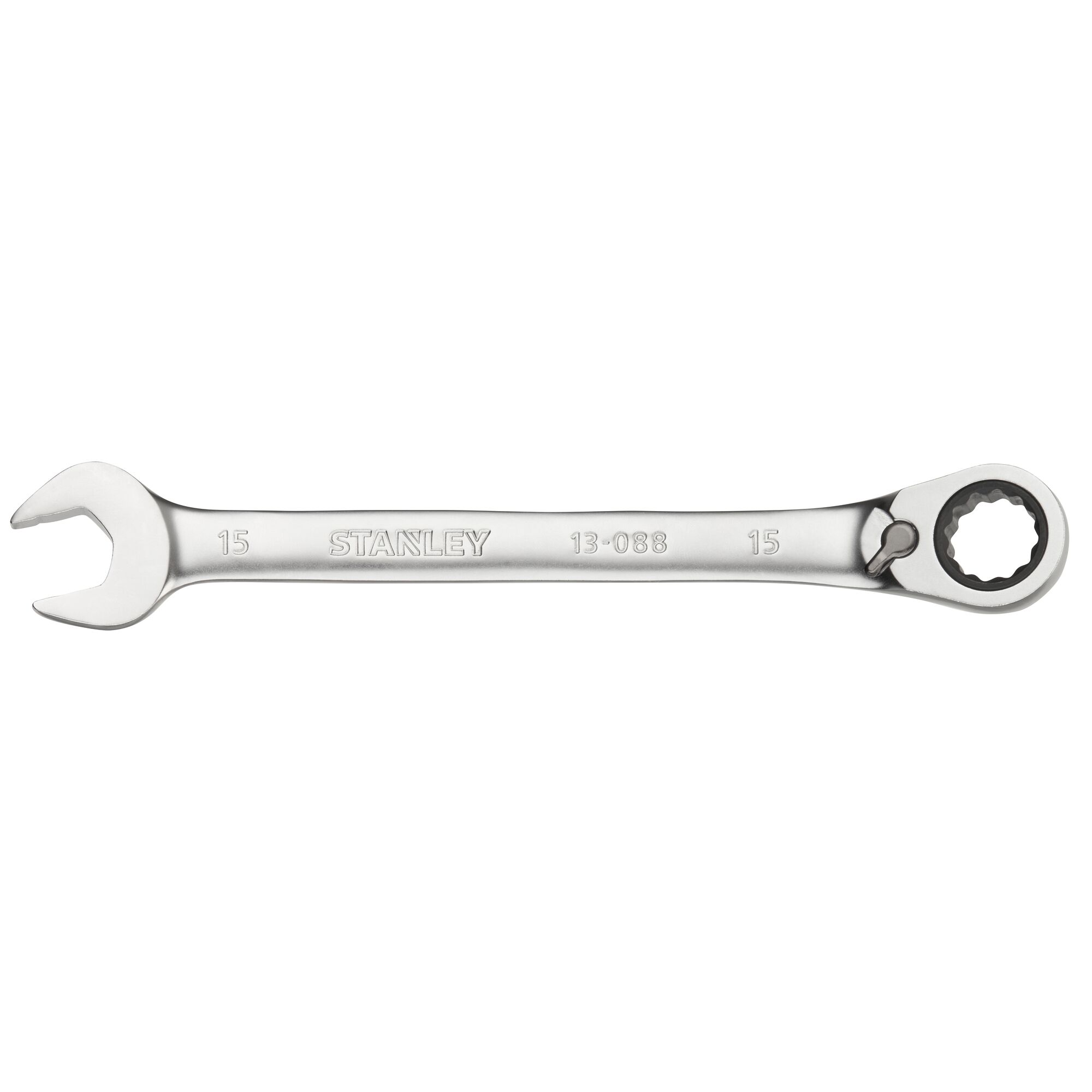 STANLEY FMMT13088-0 ratcheting combination wrench, silver finish, flat side view, hand tool photography.