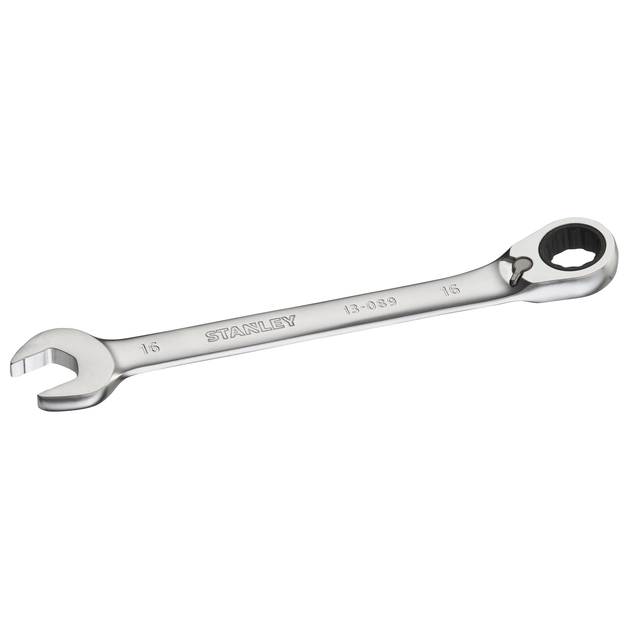 STANLEY FMMT13089-0 chrome combination ratcheting wrench, 16mm, product photography, angled view.