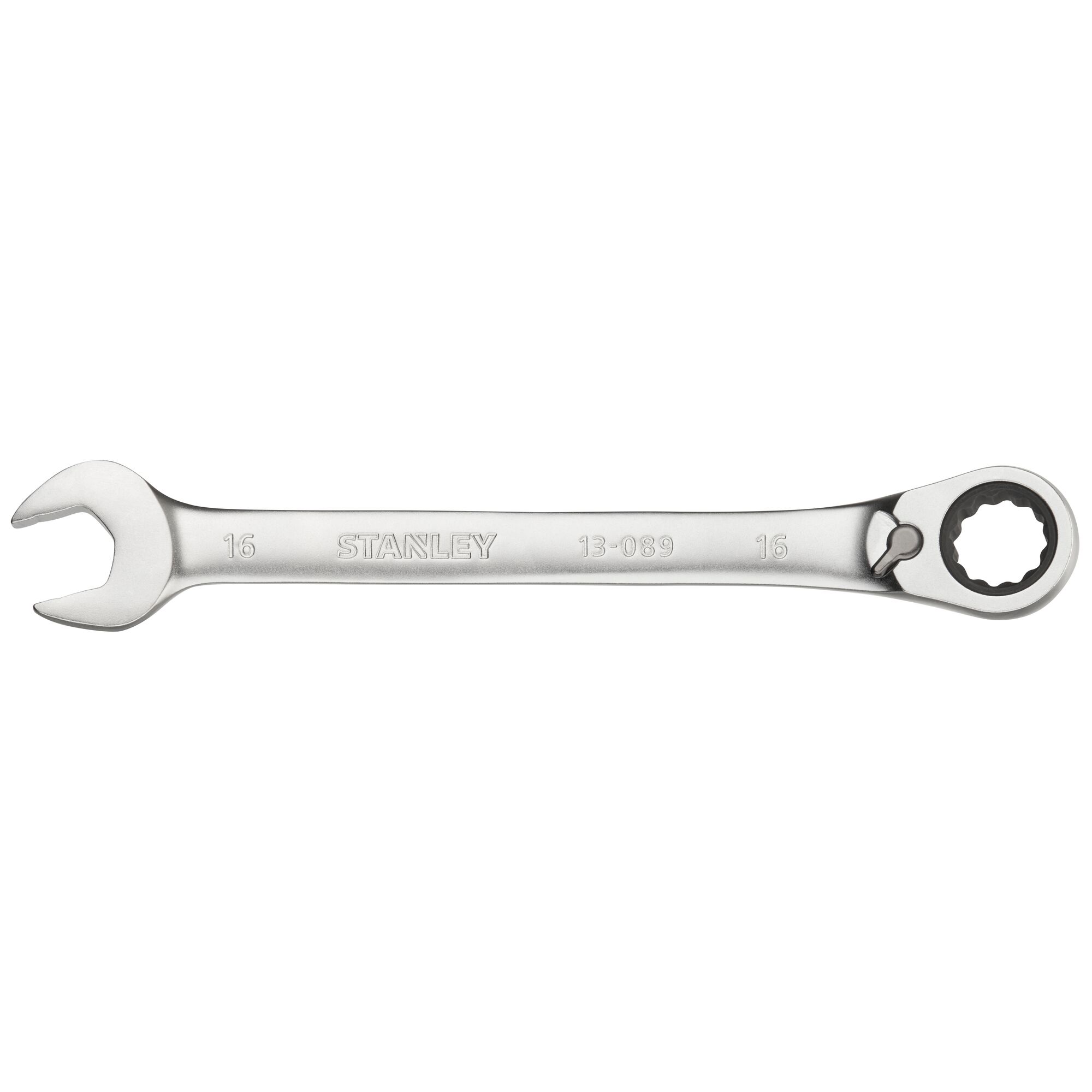 STANLEY FMMT13089-0 combination ratcheting wrench, silver, front angle, hand tool photography.