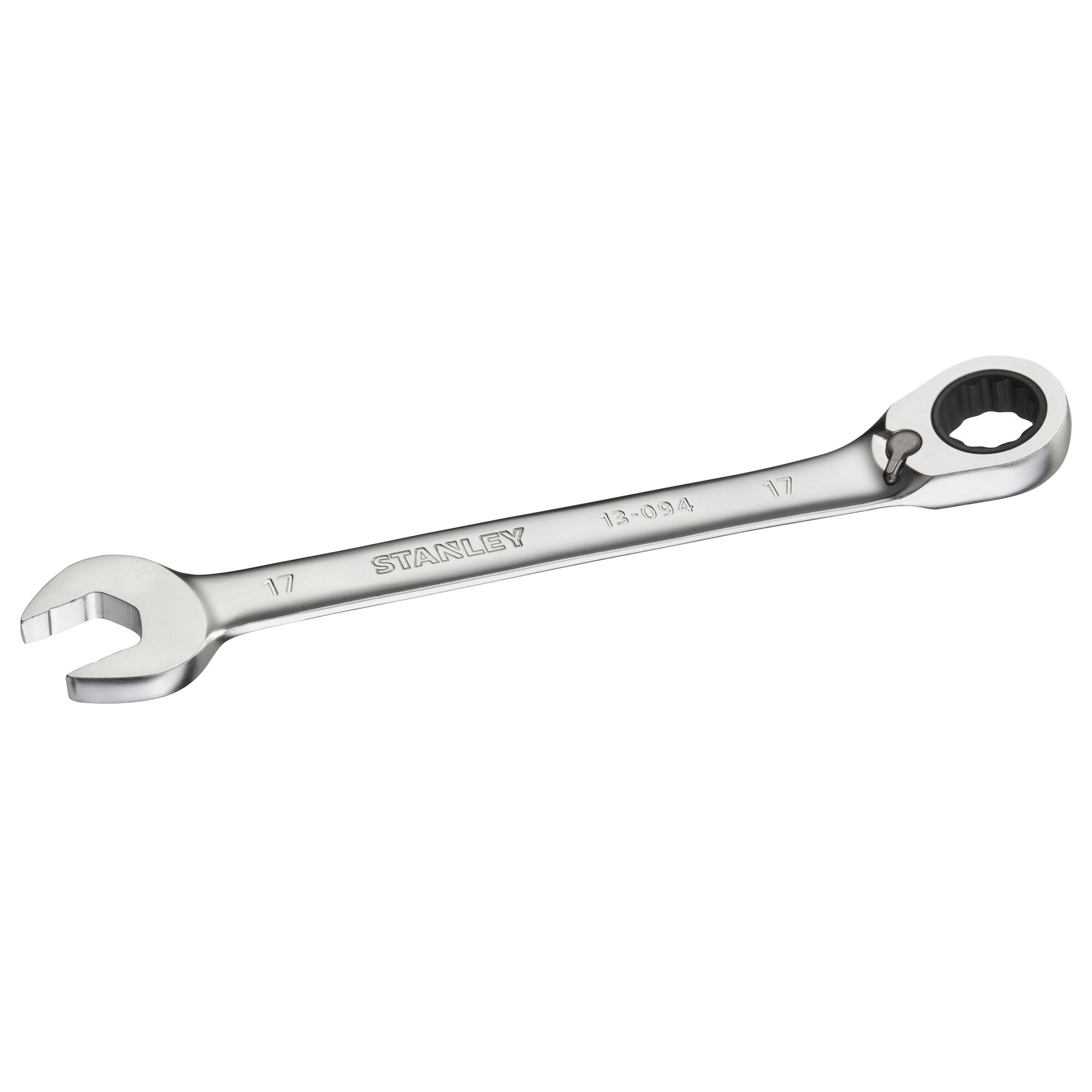 Stanley FMMT13094-0 chrome combination ratcheting wrench 17mm, product photo on white background.