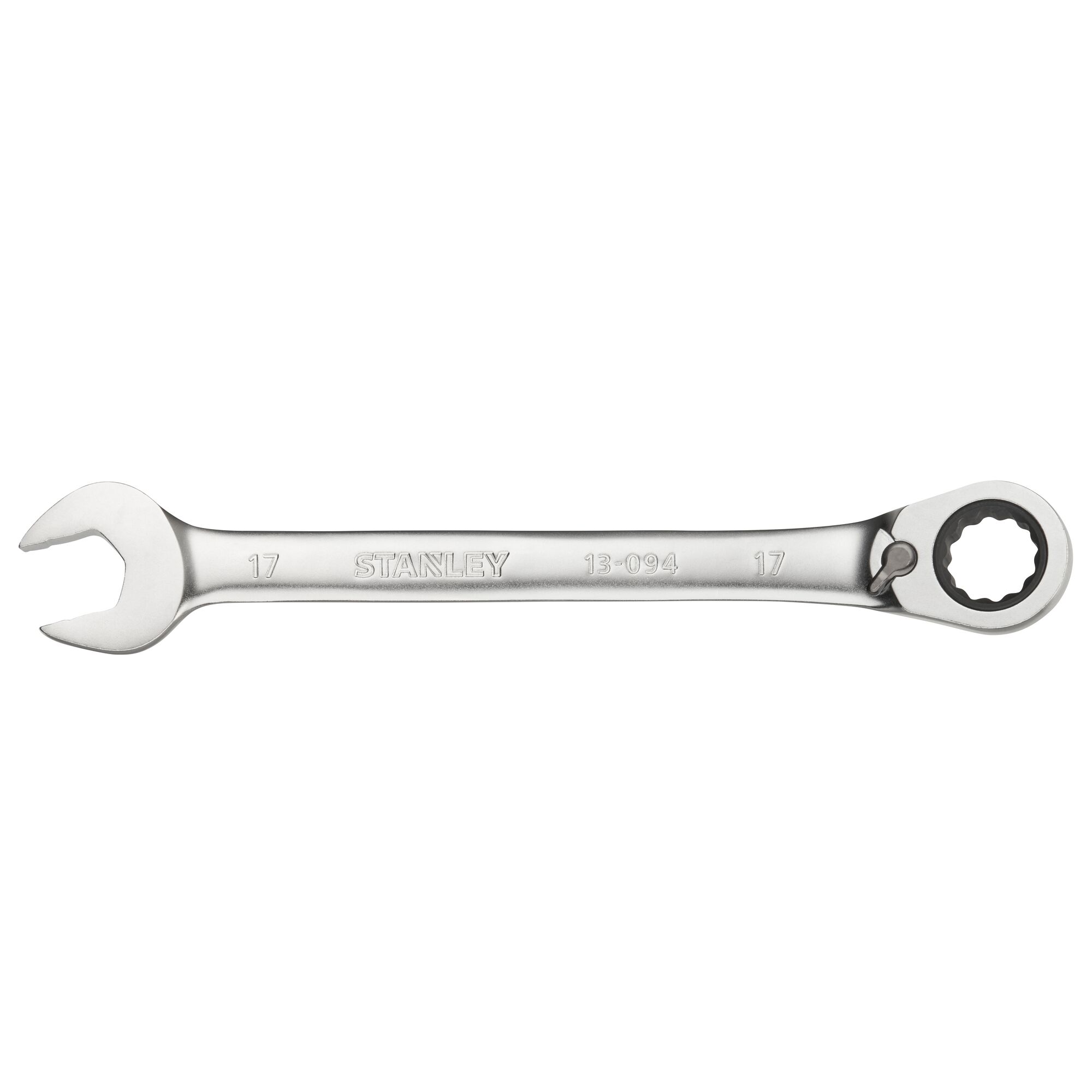 STANLEY FMMT13094-0 combination ratcheting wrench 17mm, photography, side angle on white background.