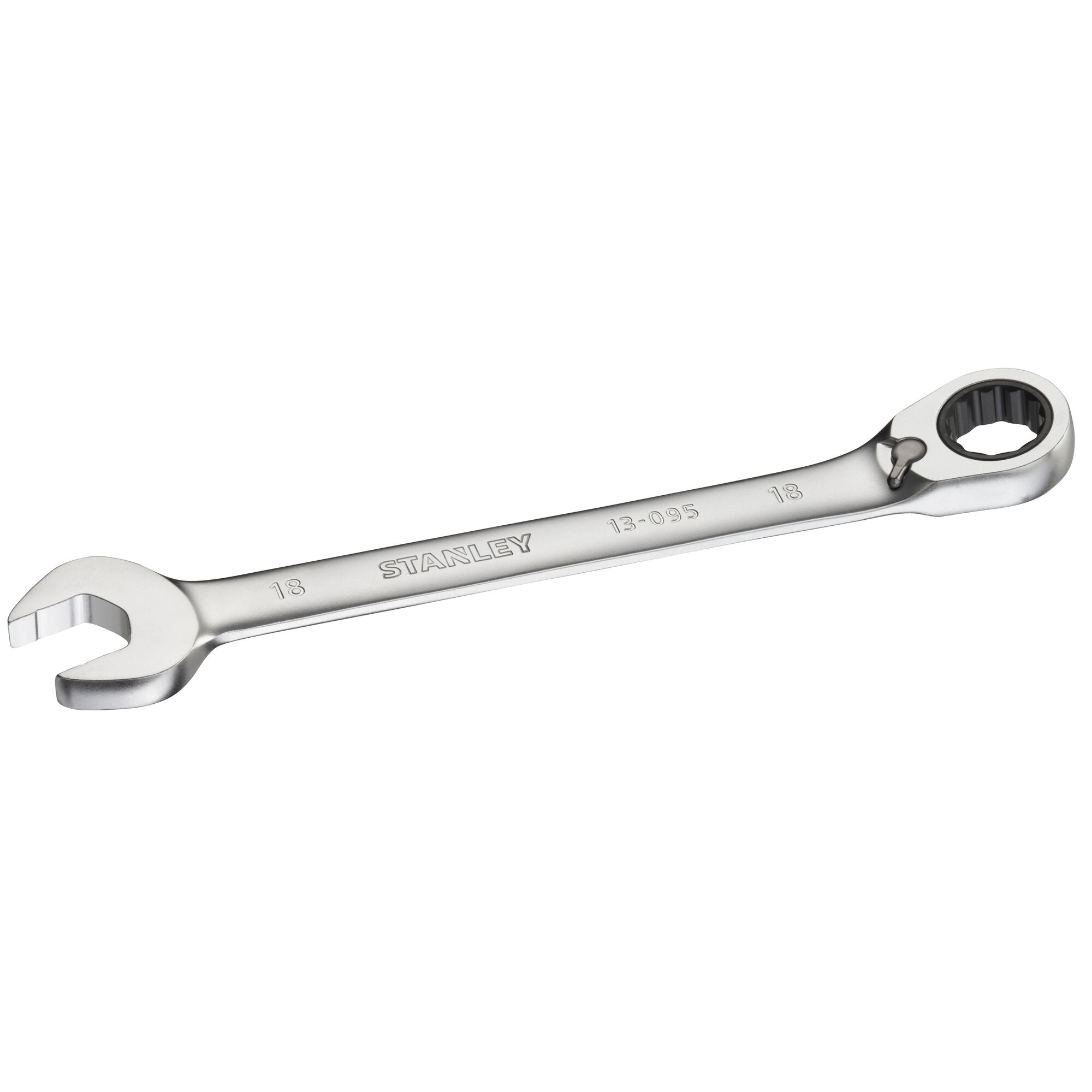 Photo of STANLEY FMMT13095-0 chrome ratcheting combination wrench on white background.