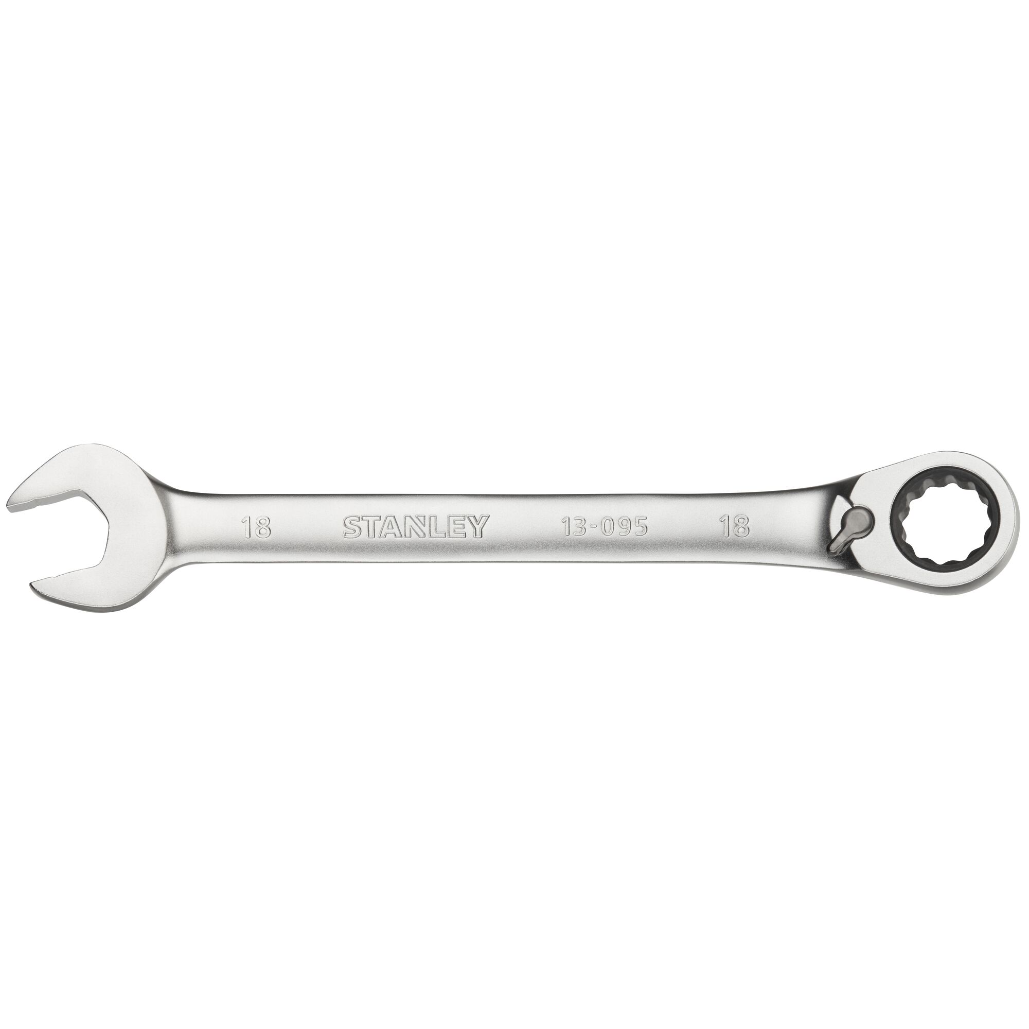 STANLEY FMMT13095-0 combination ratcheting wrench, silver, product side angle, tool category.