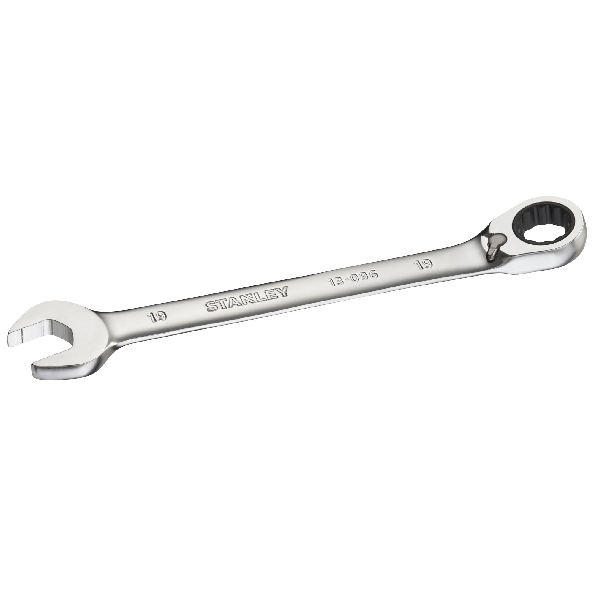 STANLEY FMMT13096-0 combination ratcheting wrench, silver, angled view on white background