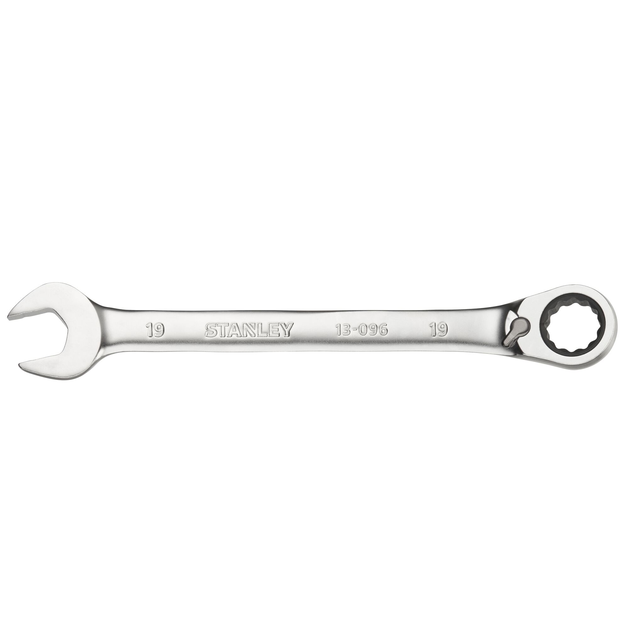 STANLEY FMMT13096-0 combination ratcheting wrench, silver metal, open and box end, top view on white background.