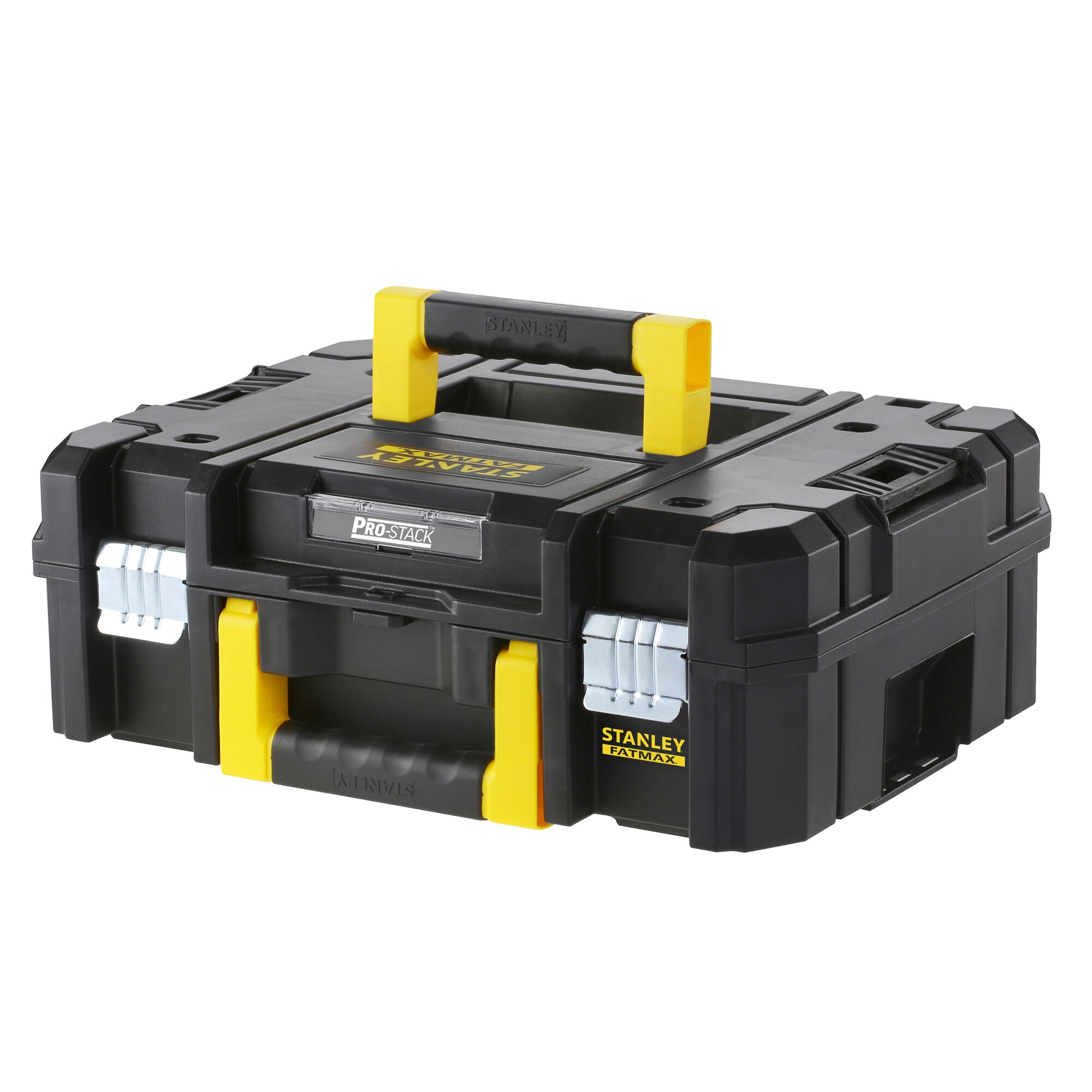 STANLEY FMST1-71966 black and yellow toolbox, front angle, with dual handles and side metal latches.