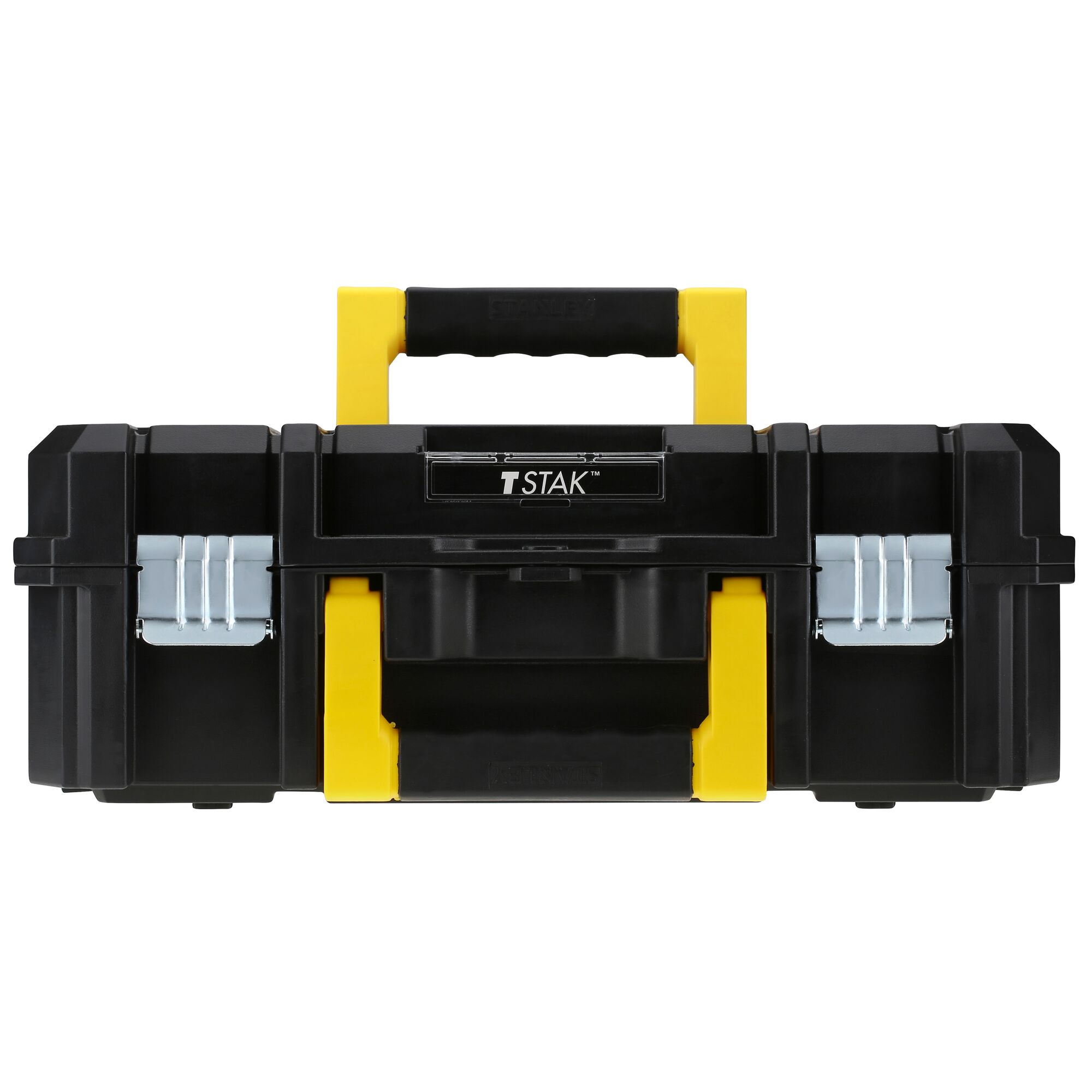 STANLEY FMST1-71966 black and yellow toolbox with front view, yellow handle and metal latches.