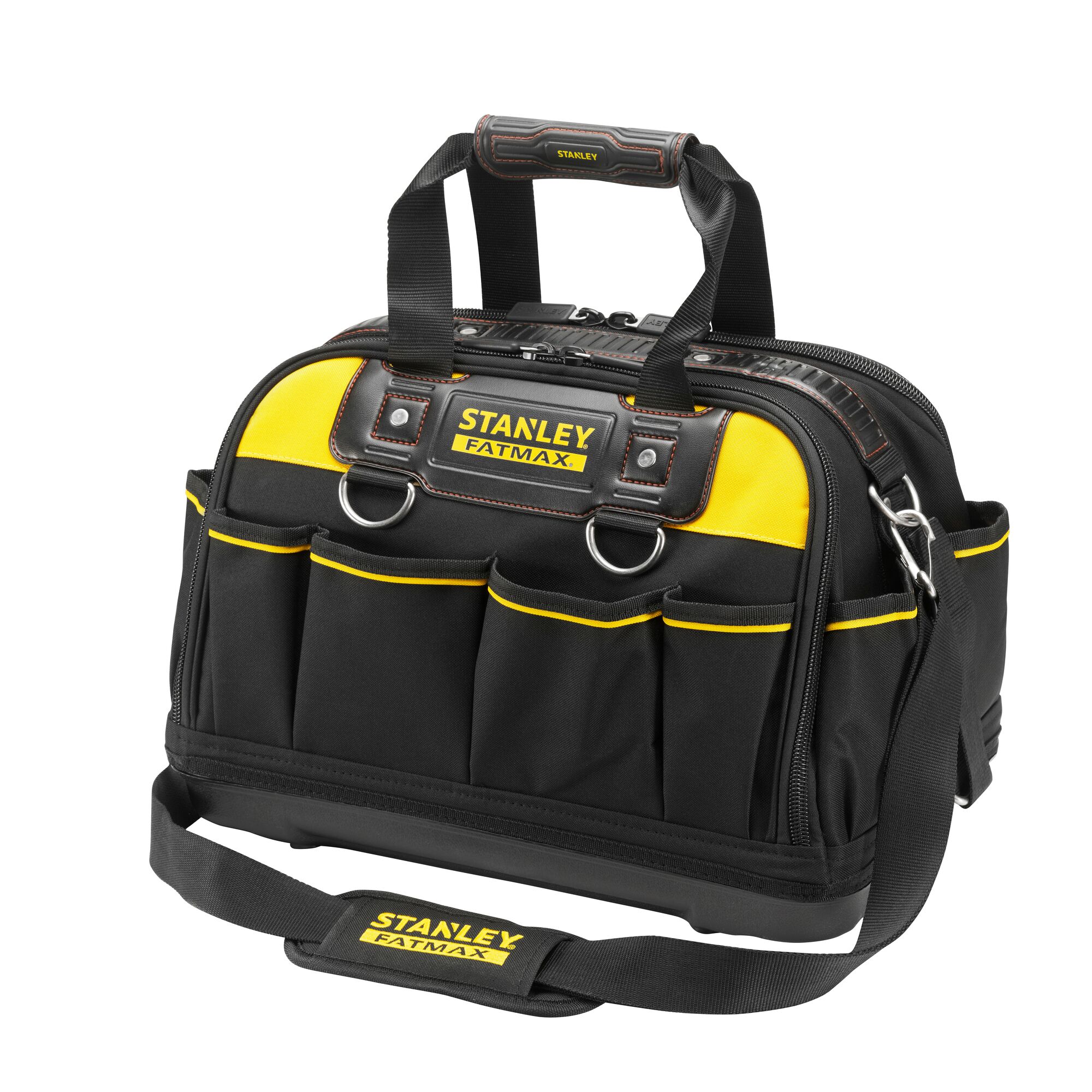 STANLEY FMST1-73607 tool bag, black and yellow, with shoulder strap and multiple exterior pockets, front angle.
