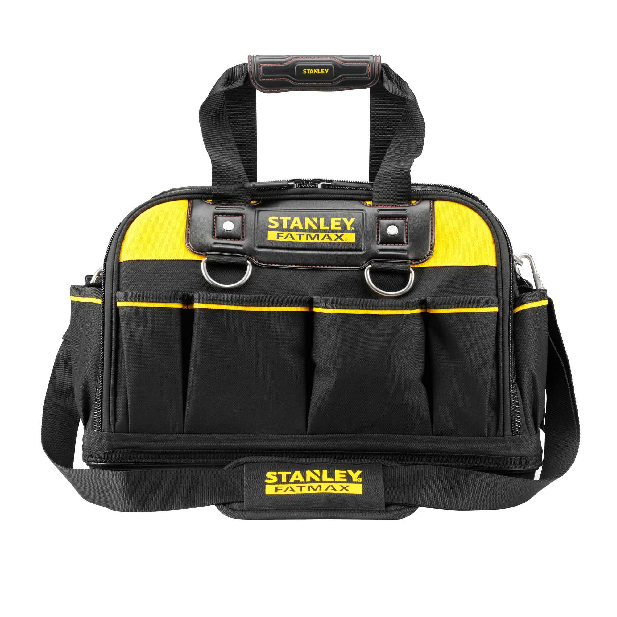 STANLEY FMST1-73607 tool bag, black and yellow fabric, front angle, multiple exterior pockets, shoulder strap.