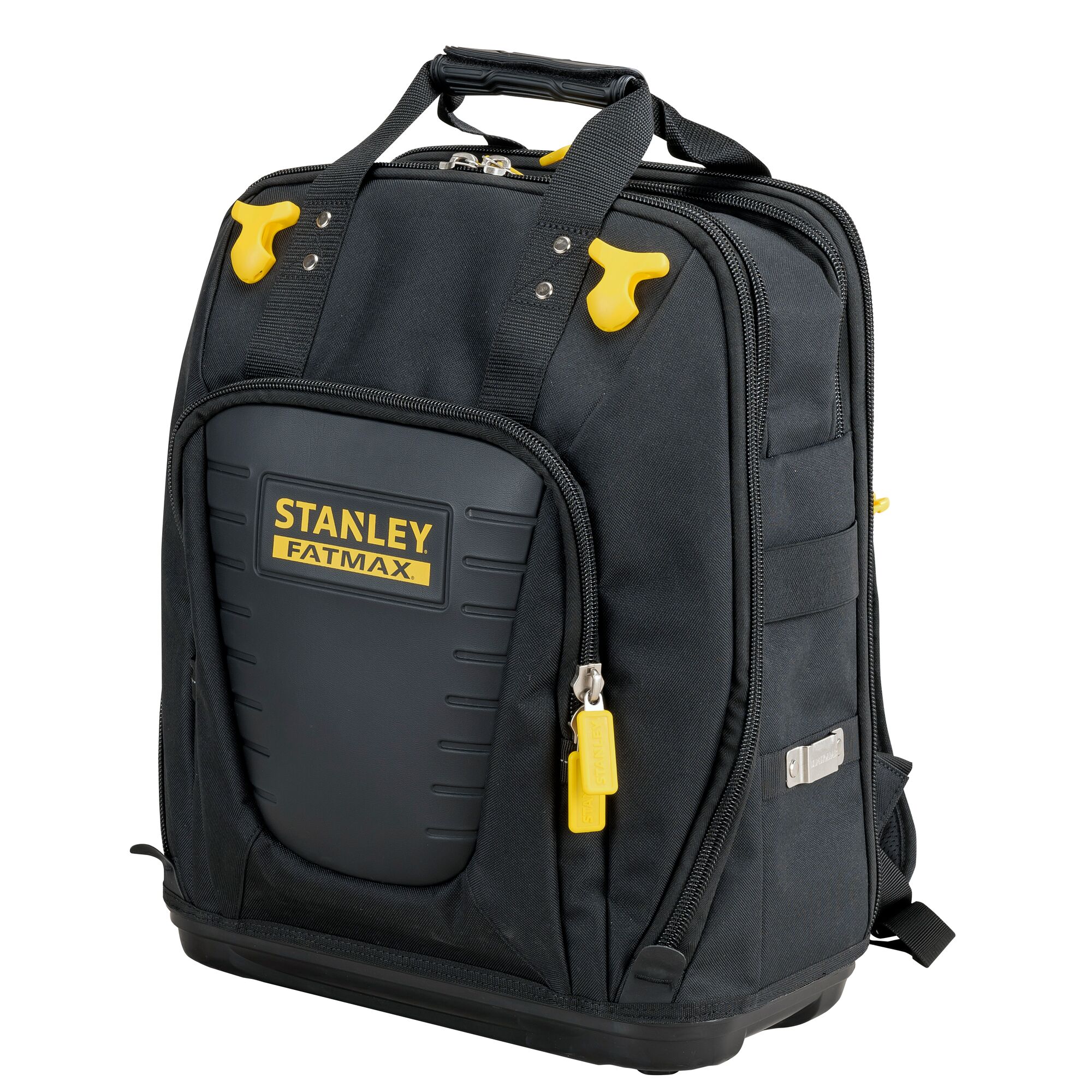 Photo of STANLEY FMST1-80144 tool backpack, black with yellow accents, hard front panel, front angle on white background.