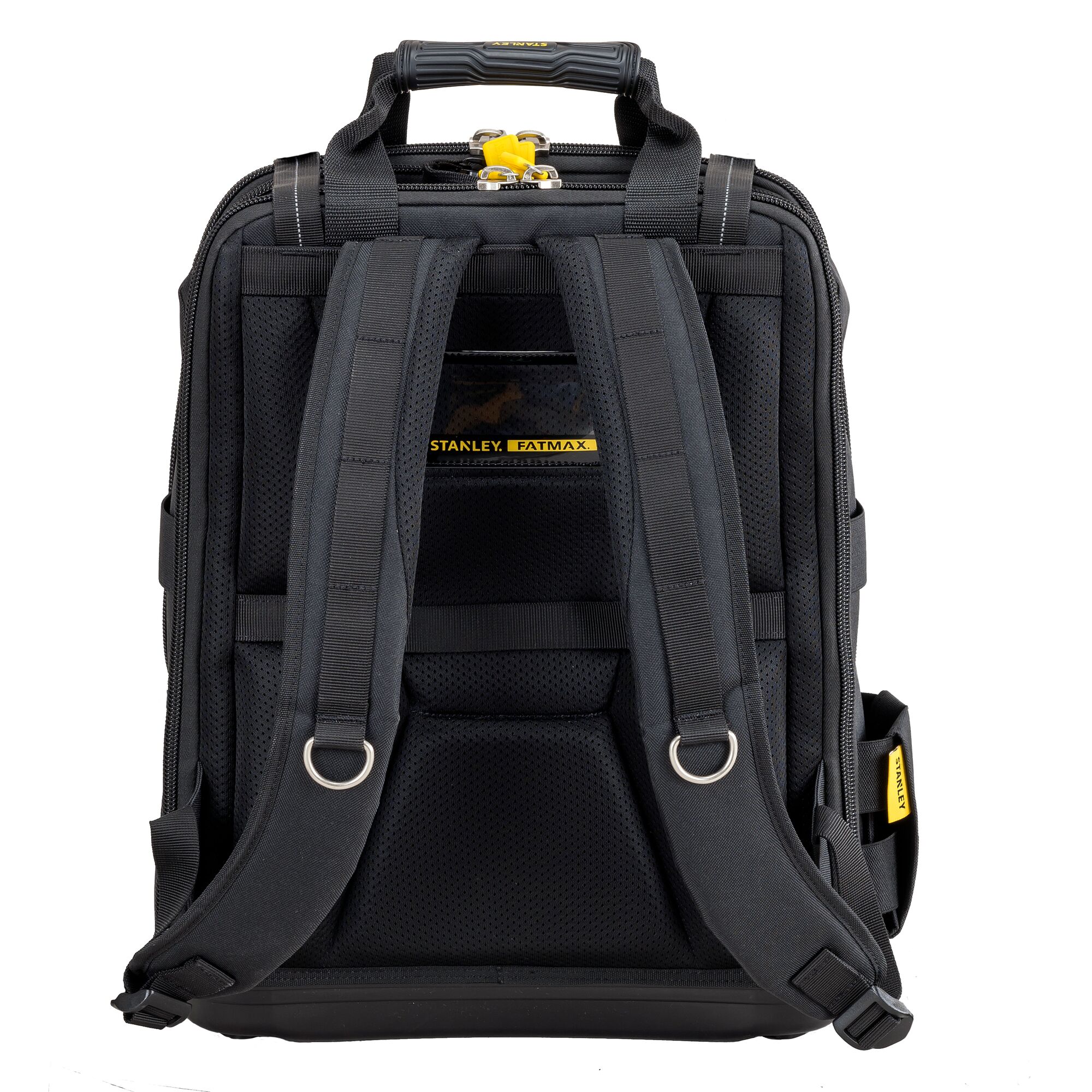 STANLEY FMST1-80144 black tool backpack, rear angle showing padded straps and handle.