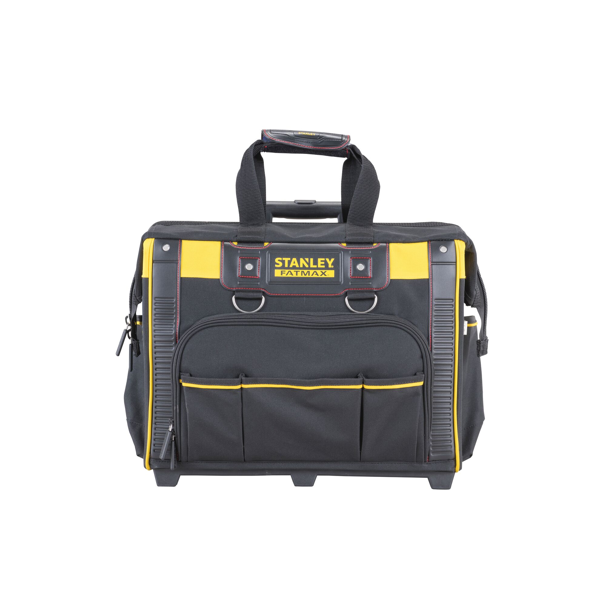 STANLEY FMST1-80148 tool bag, front angle, black and yellow with multiple pockets and sturdy handles.