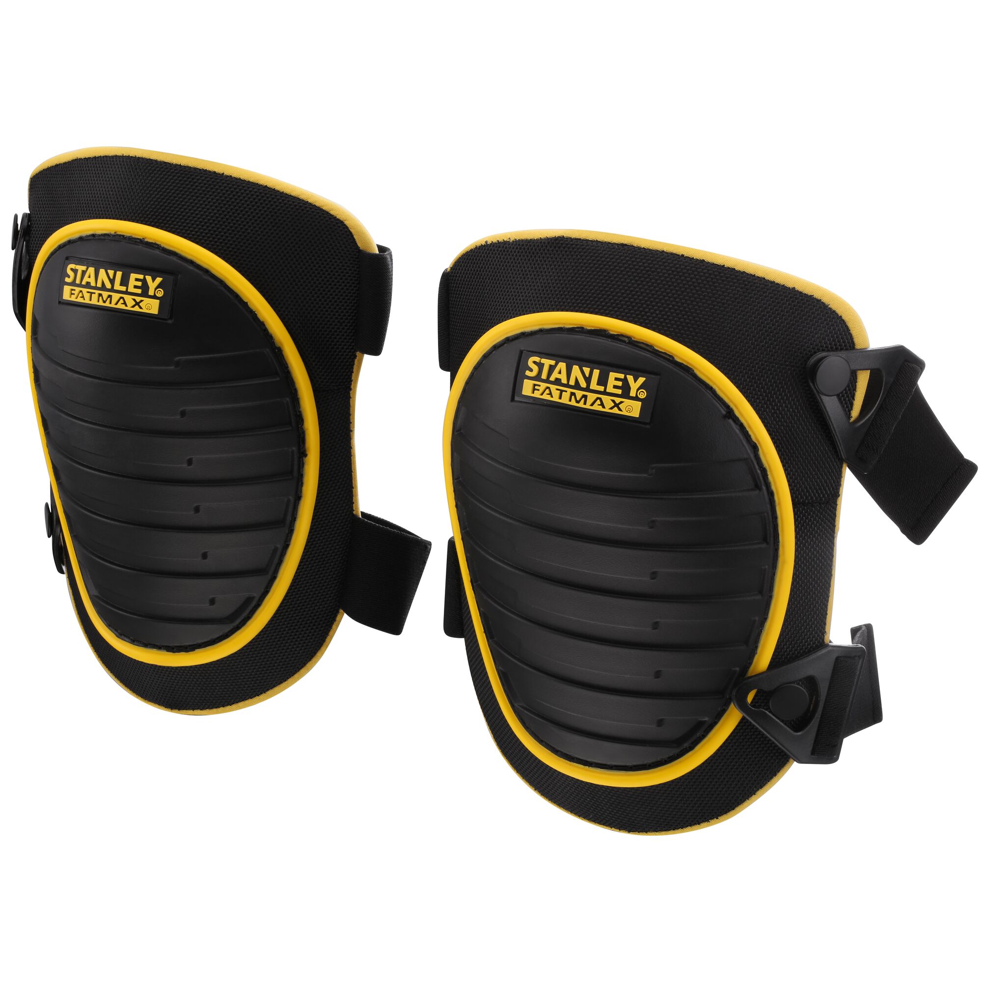 STANLEY FMST82961-1 knee pads, black and yellow, hard shell, front angle, construction safety gear.