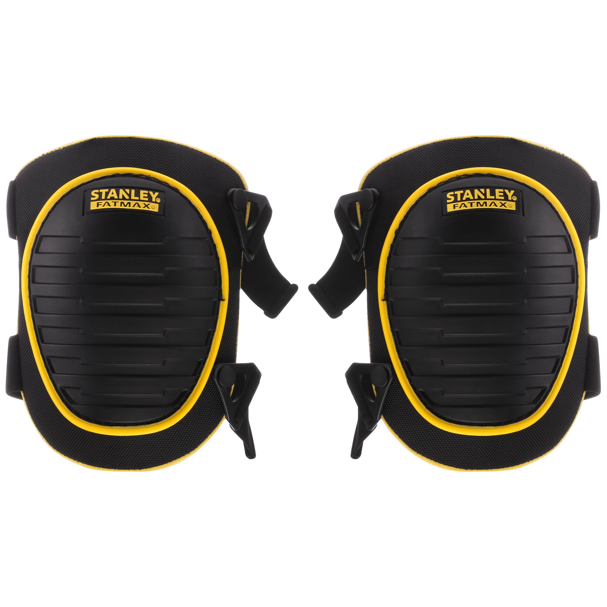Stanley FMST82961-1 black and yellow FatMax knee pads, front view, with hard shell and adjustable straps.