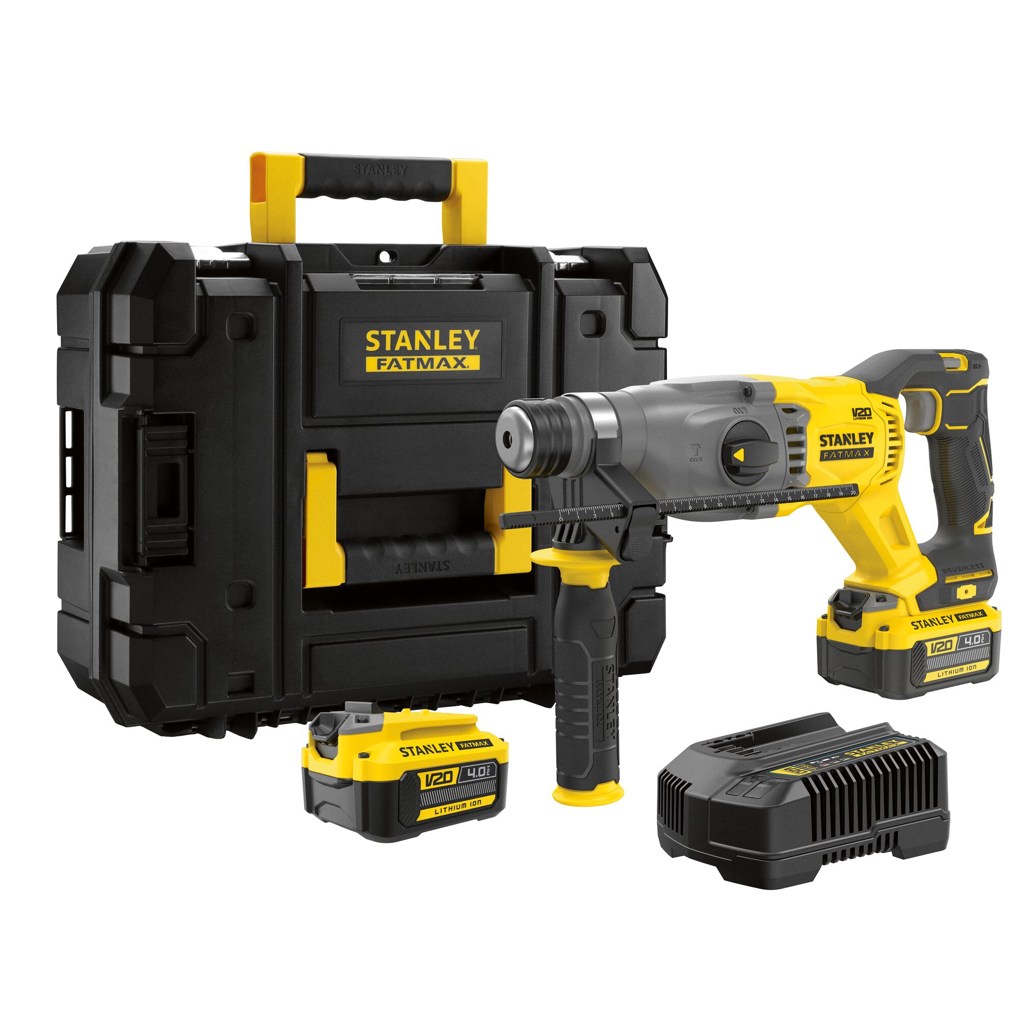 STANLEY SBH900M2K-B3 cordless rotary hammer kit with case, batteries, and charger, front angle.
