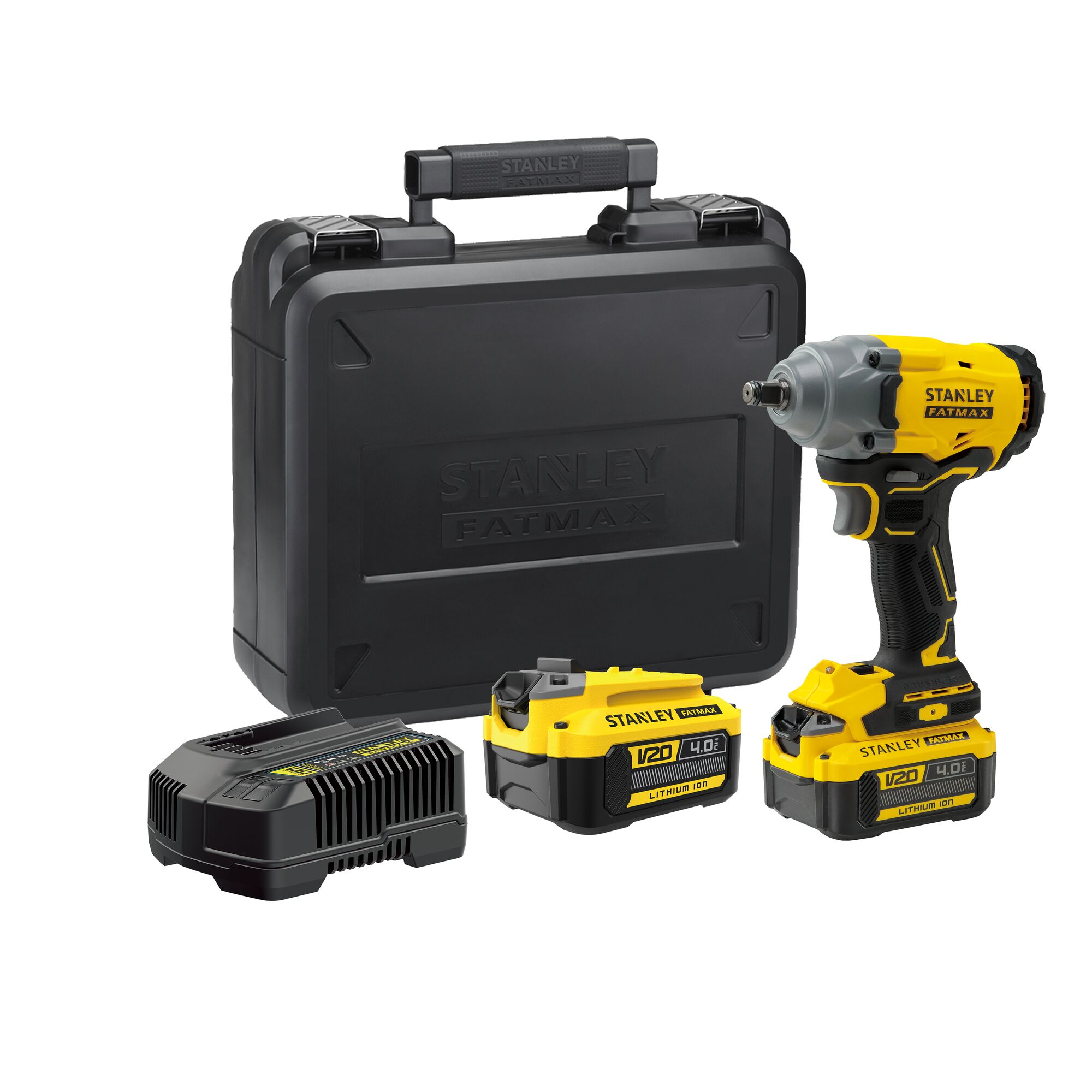 Stanley SBW920M2K impact wrench kit with case, charger, and two V20 lithium-ion batteries, front angle.