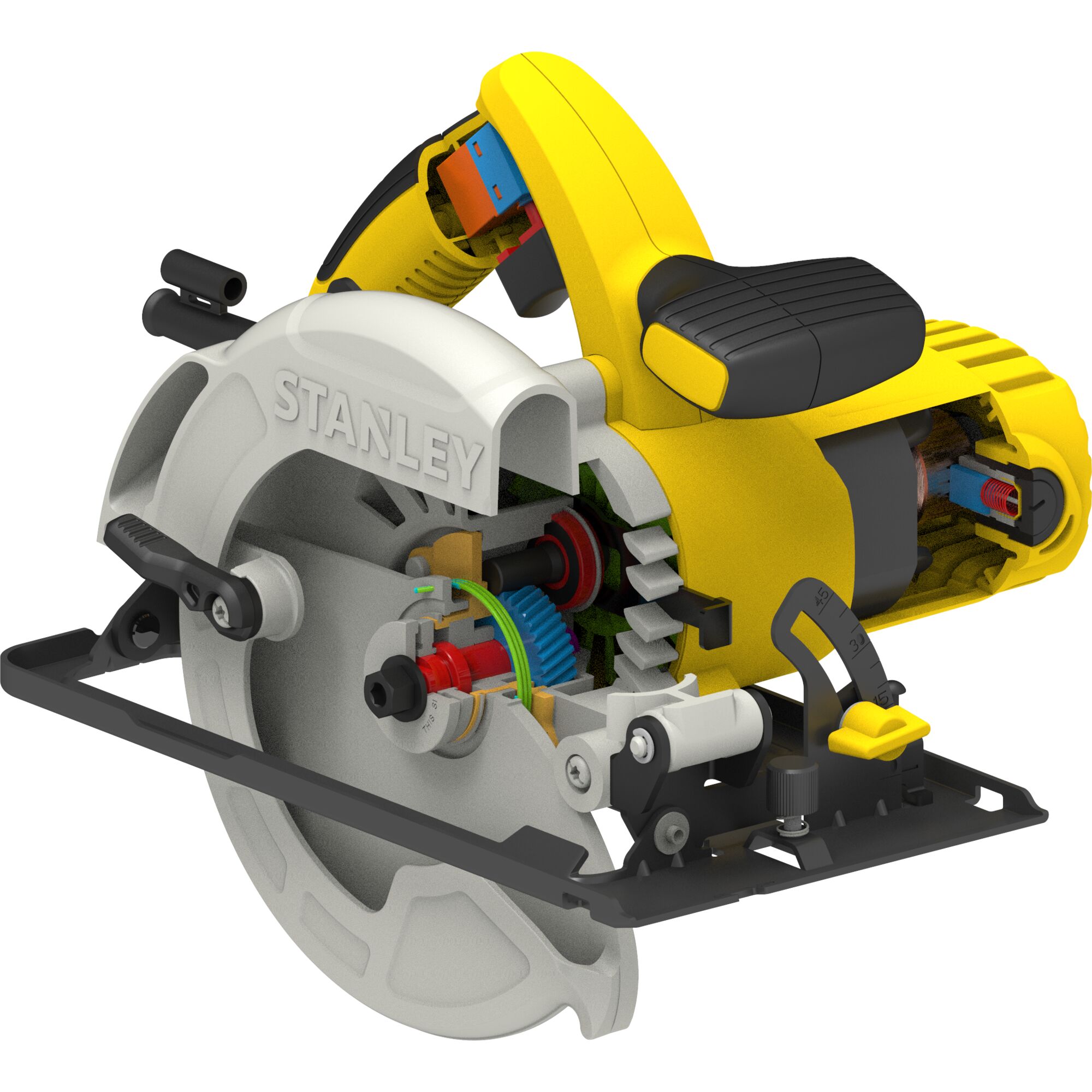 STANLEY SC16 circular saw cutaway, showing internal gears and components, angled view, yellow and black body.