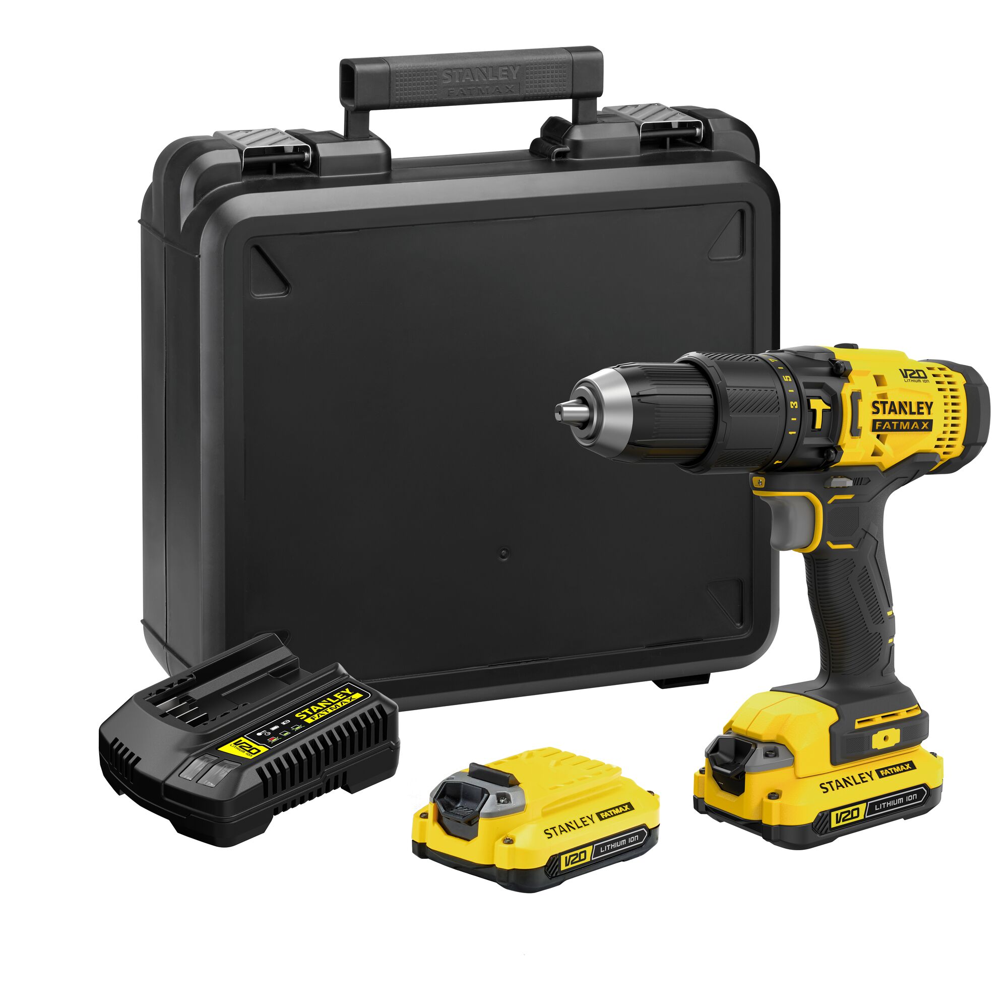 Stanley SCD711C2K-AR cordless drill with battery, charger, extra battery, and hard carrying case, front angle.