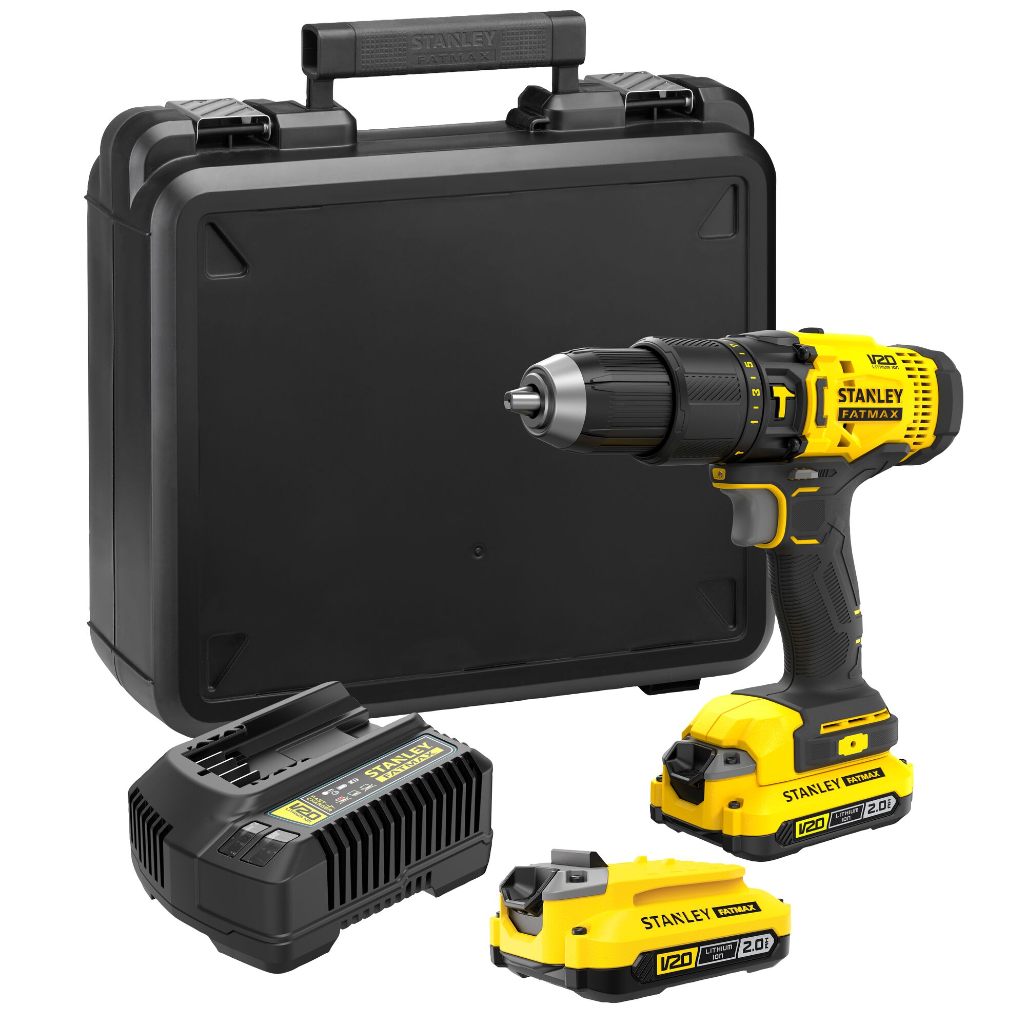 STANLEY SCD711D2K cordless drill set with case, charger, and two yellow V20 batteries, front angle.
