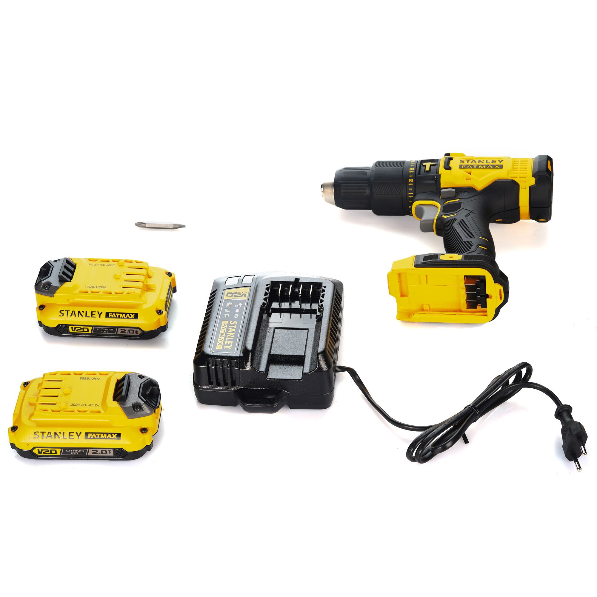 Photo of STANLEY SCD711D2K cordless drill kit with two yellow batteries, charger, and drill bit, front angle.