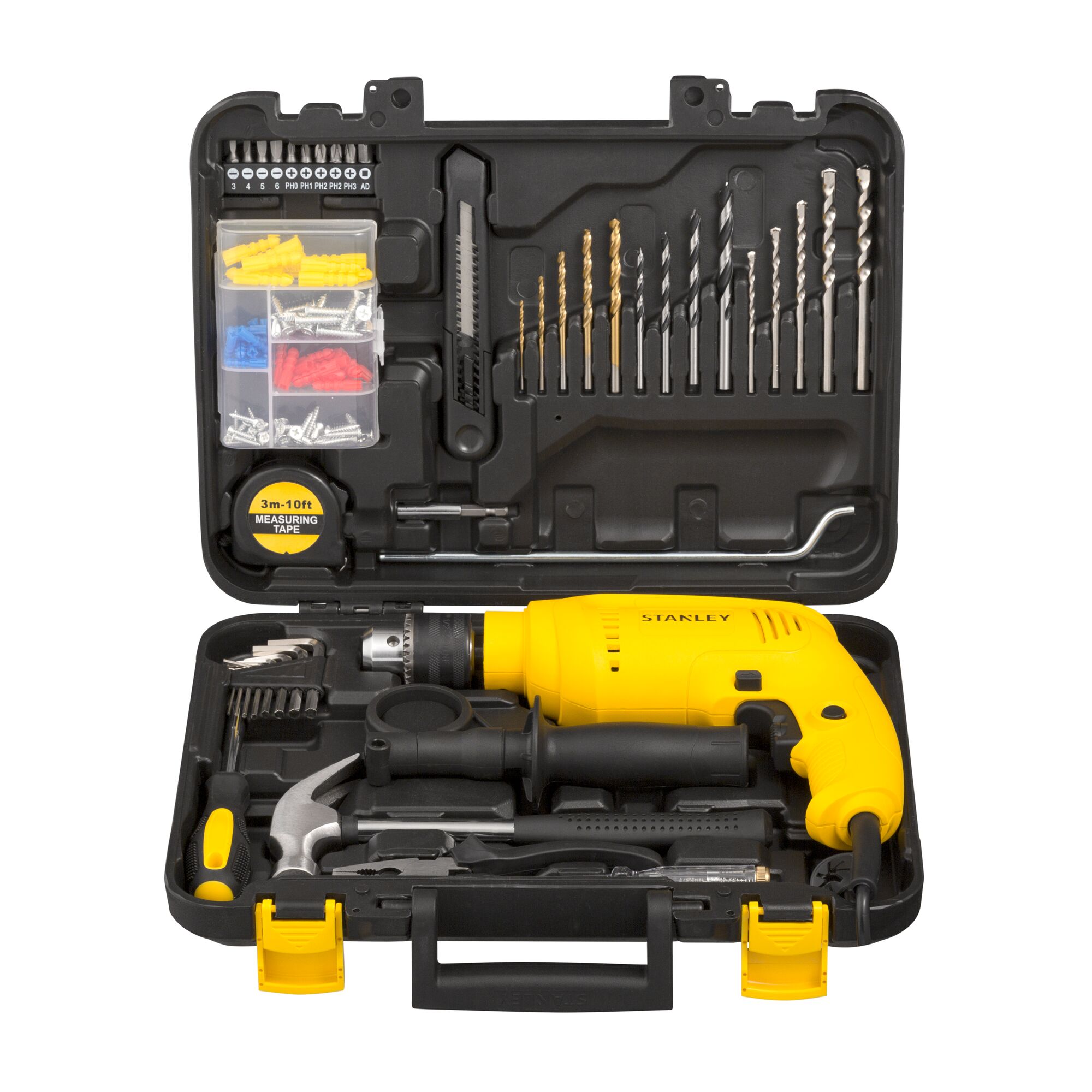 Impact Hammer Drill STANLEY 600W in its hard case with accessories front view