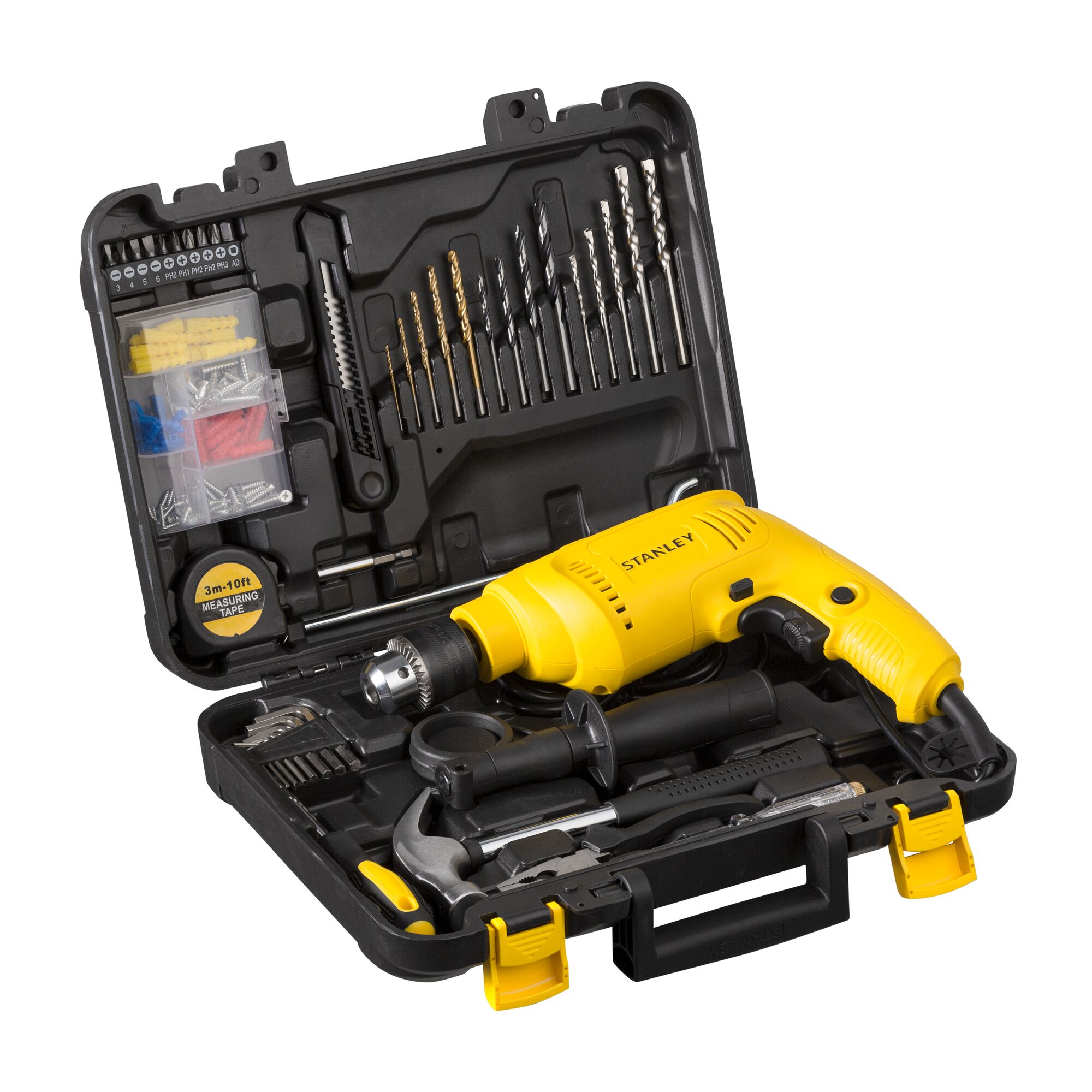 Impact Hammer Drill STANLEY 600W in its hard case with accessories side view