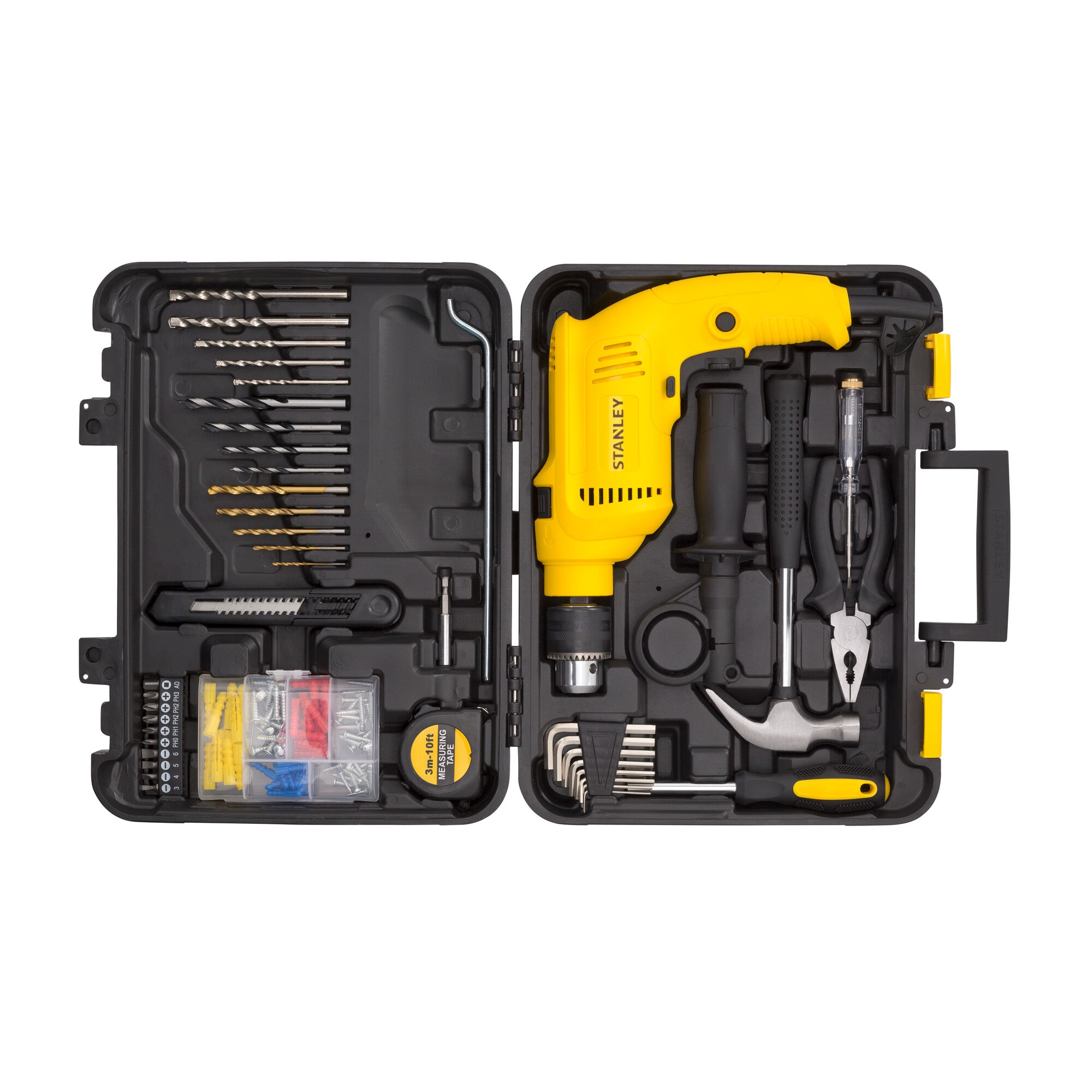 Impact Hammer Drill STANLEY 600W in its hard case with accessories top view