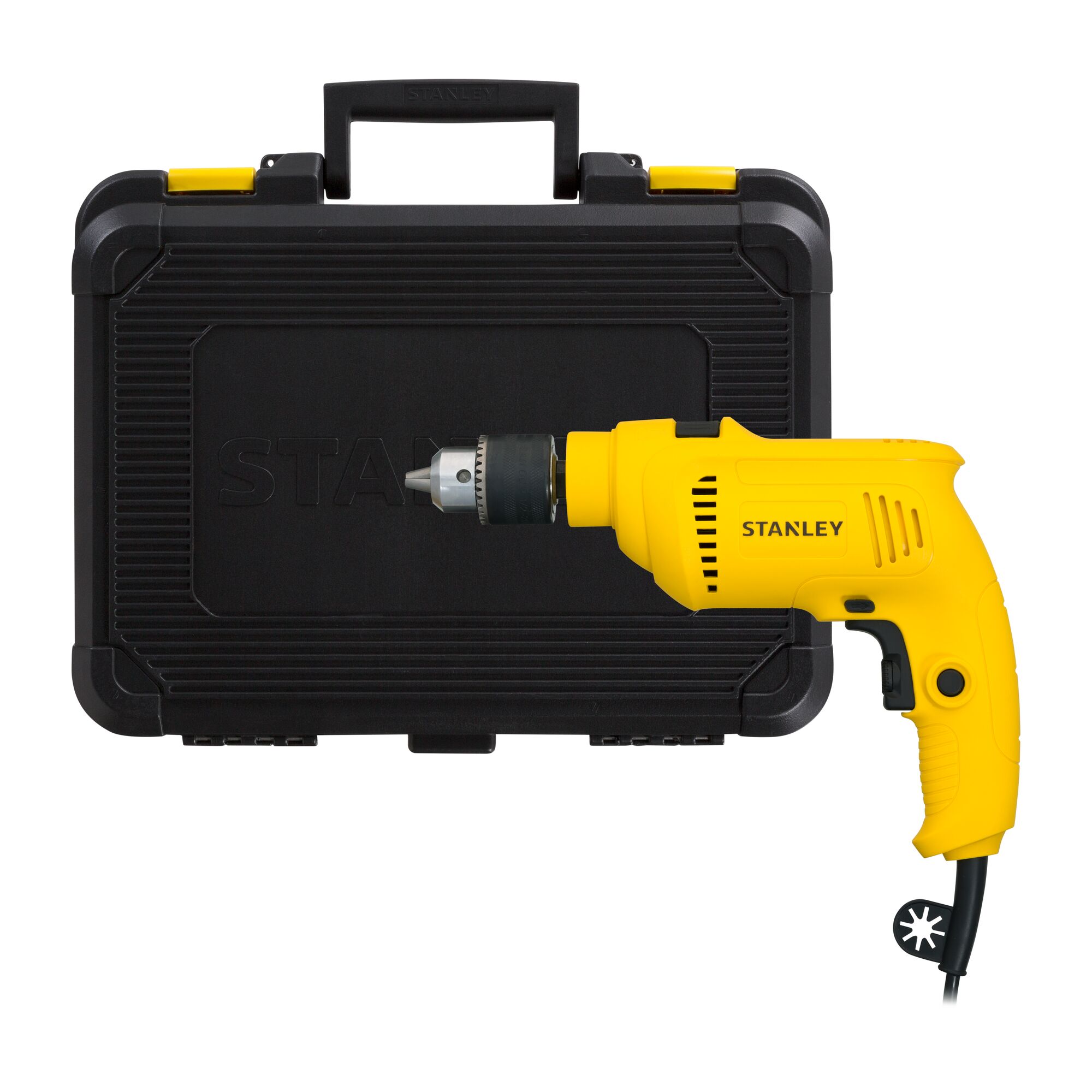 STANLEY SDH600KP yellow corded drill with black carrying case, front view on white background.