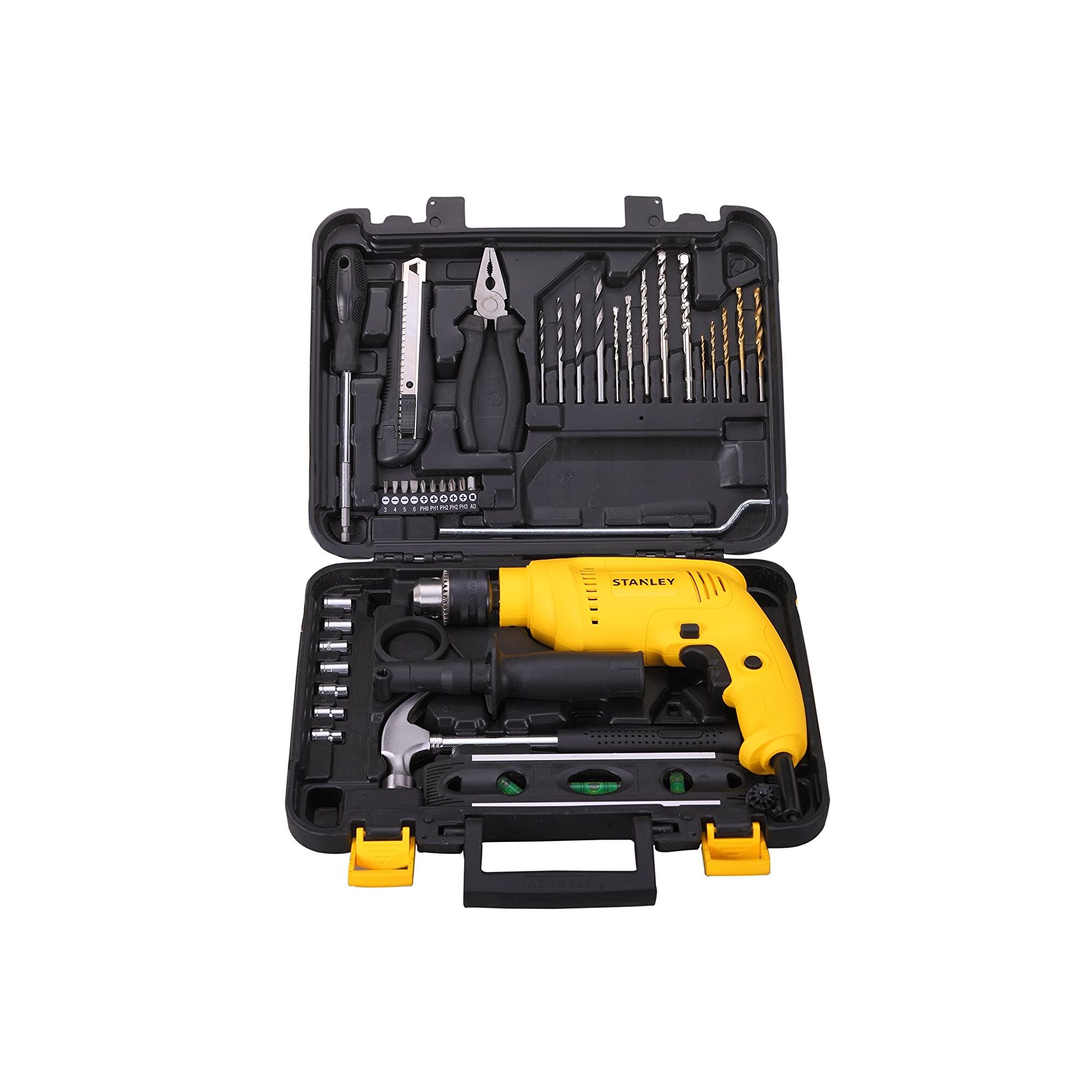 STANLEY SDH600 tool kit photography, yellow drill and accessories in open black carrying case, front angle.