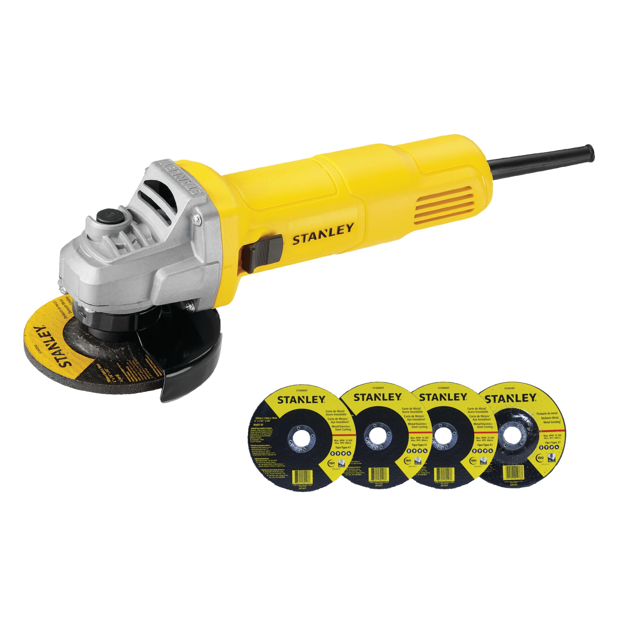 STANLEY SG6100A angle grinder with yellow body, black handle, and five grinding discs, front angle on white background.
