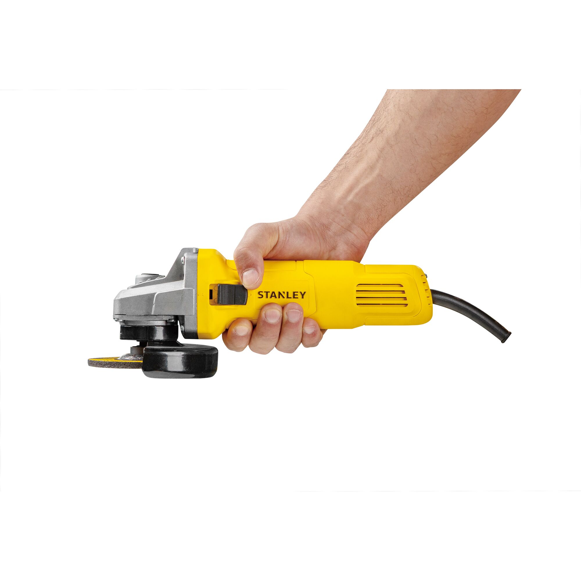 Hand holding a yellow Stanley angle grinder with a cord, model SG6100, against a white background.