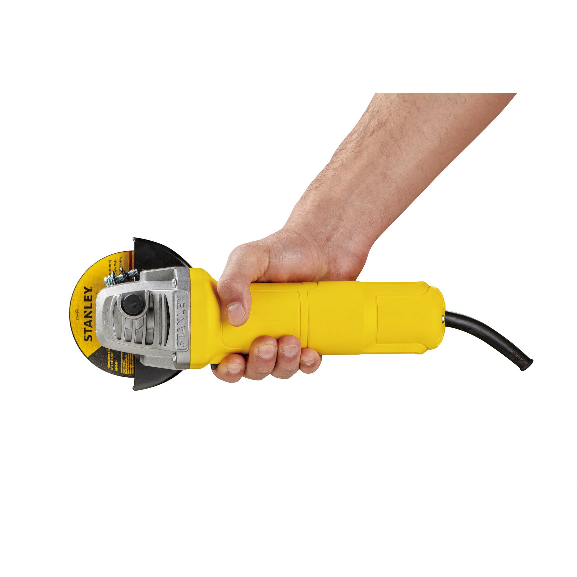 Stanley SG6100 yellow angle grinder held in hand, white background, photography product type.