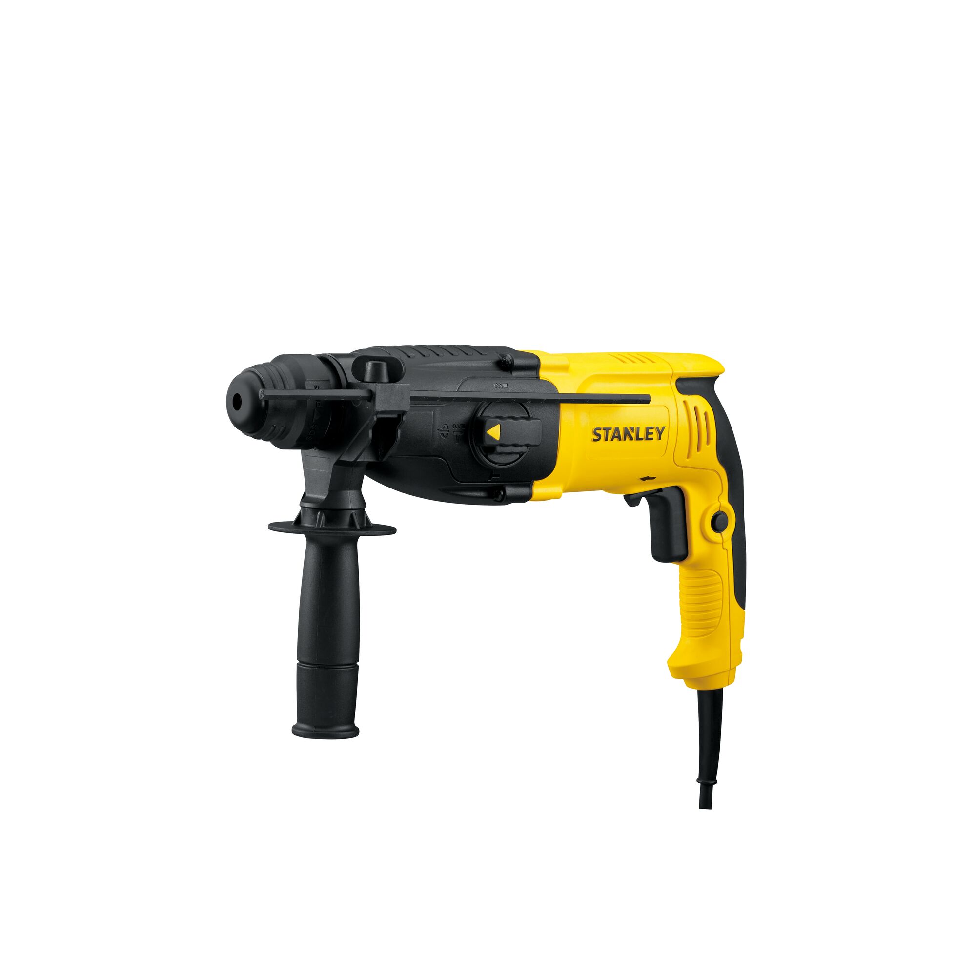 STANLEY SHR263KA-BR yellow and black rotary hammer drill with side handle, product side view on white background.