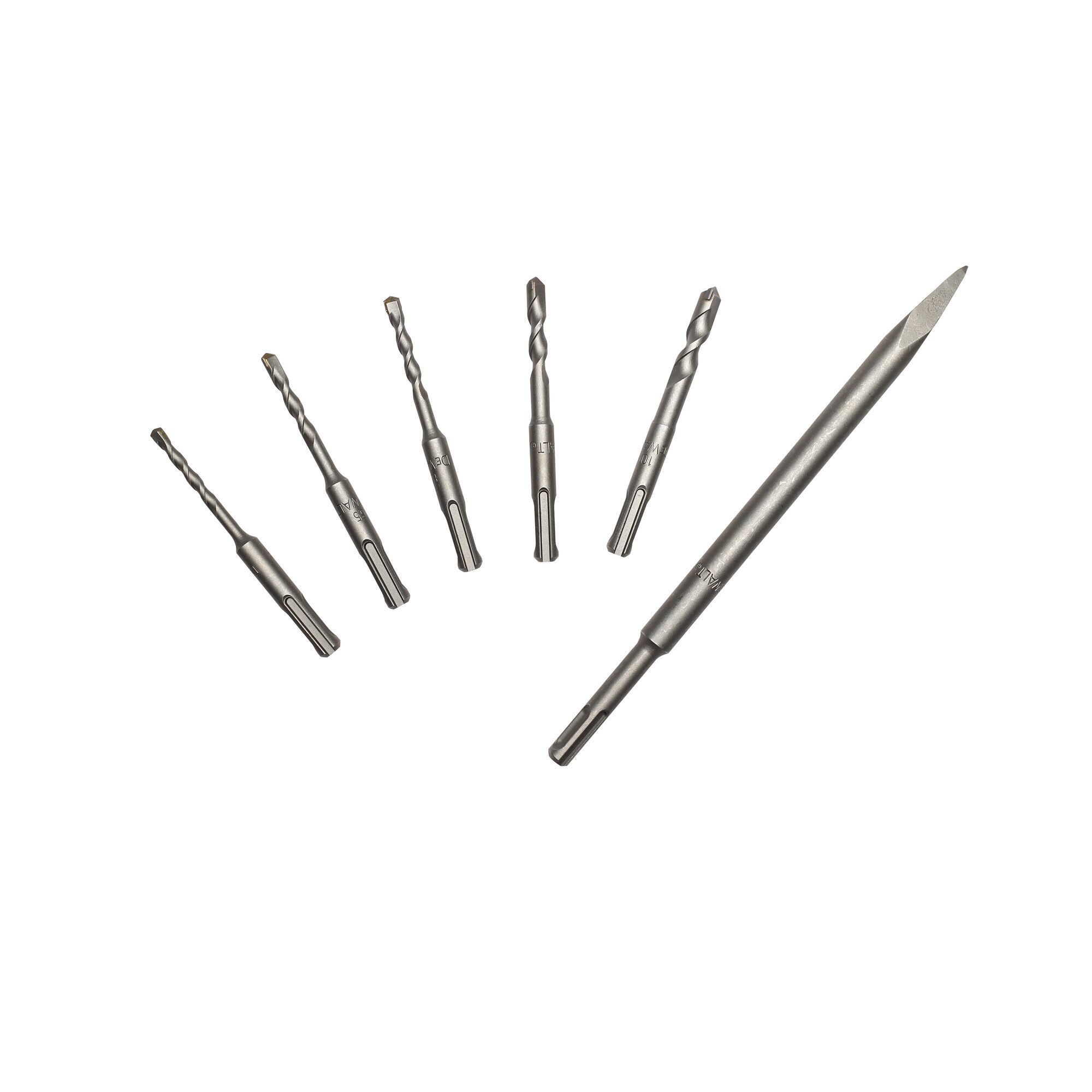 STANLEY SHR263KA-BR drill bit set with six assorted SDS chisel and drill bits, front angle on white background.