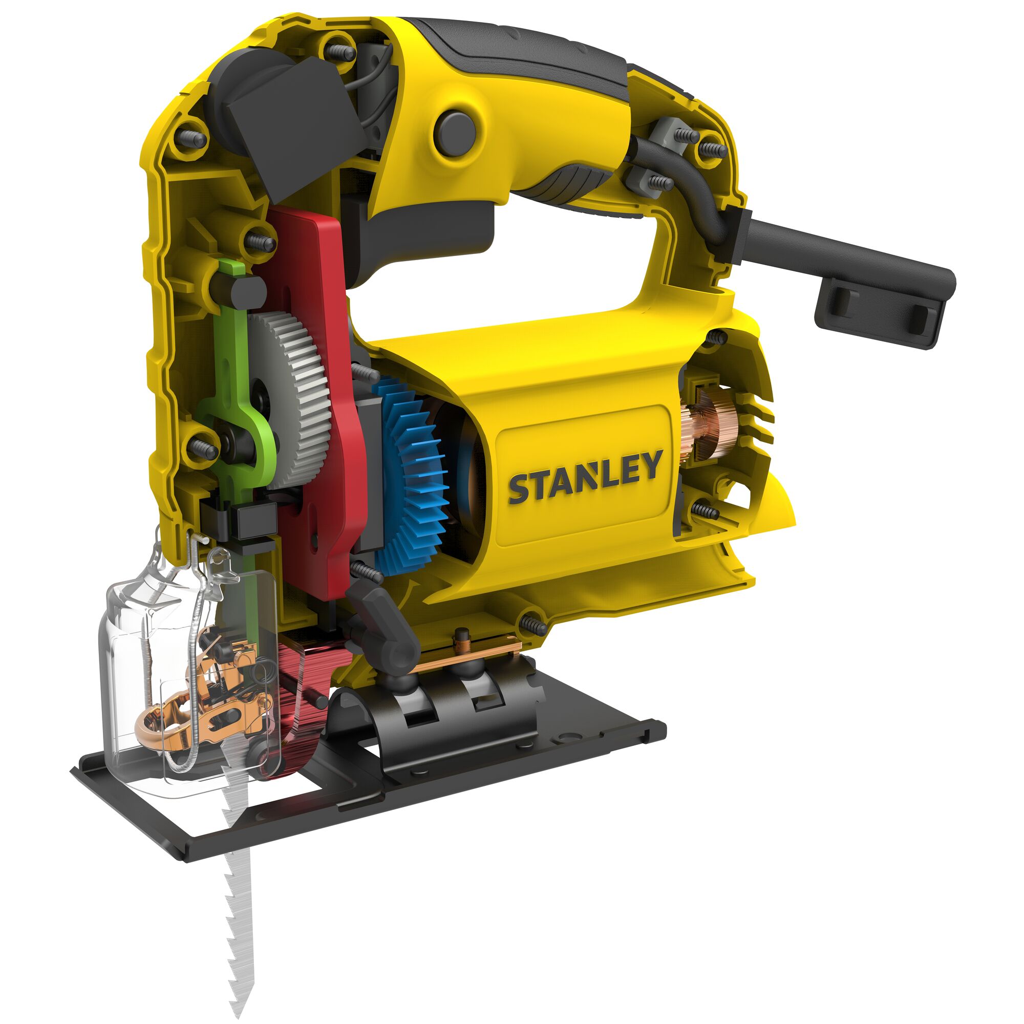 Photo of STANLEY SJ60 jigsaw with partially open housing, showing internal gears and components, side angle.