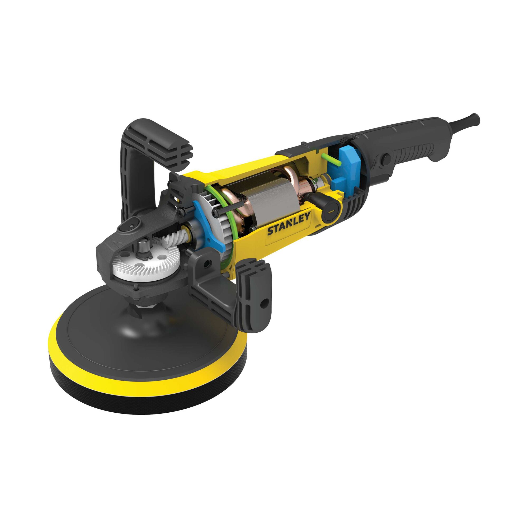 STANLEY SP137 polisher cutaway view showing internal components, black and yellow, product photography.
