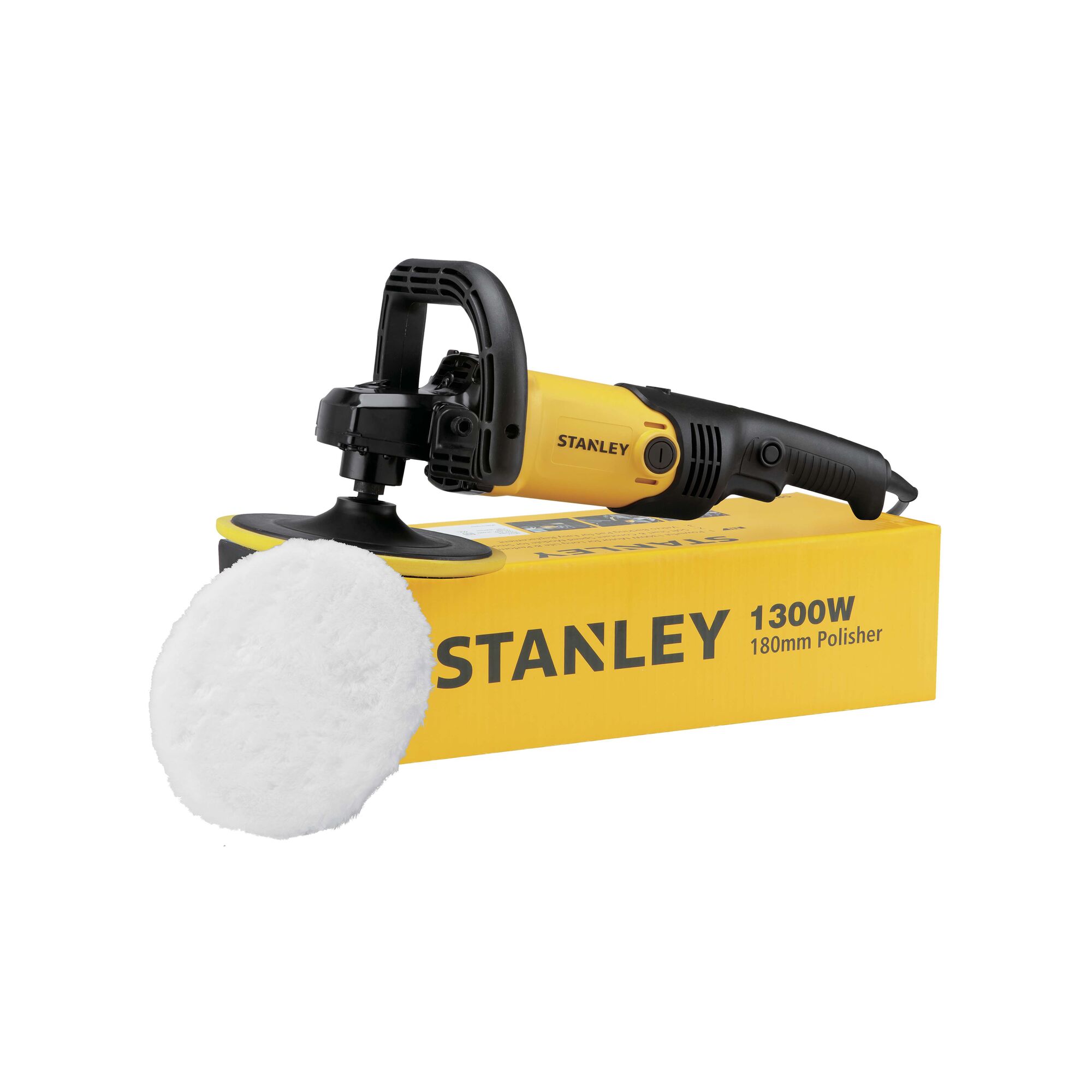 STANLEY SP137 1300W 180mm polisher, yellow and black, side view on branded box, photography.