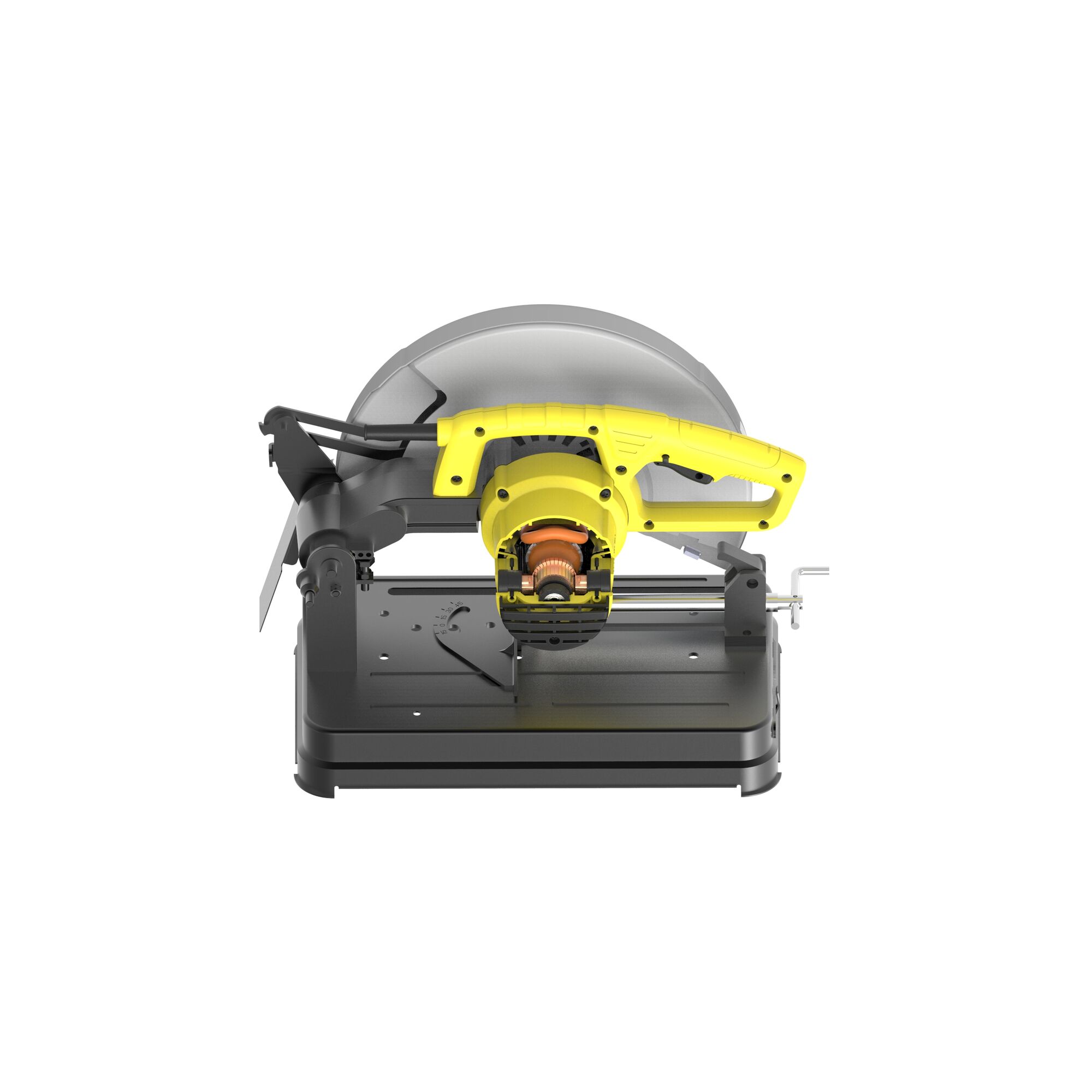 Stanley SSC22-BR yellow and black metal cutting saw, photography of front view on white background.