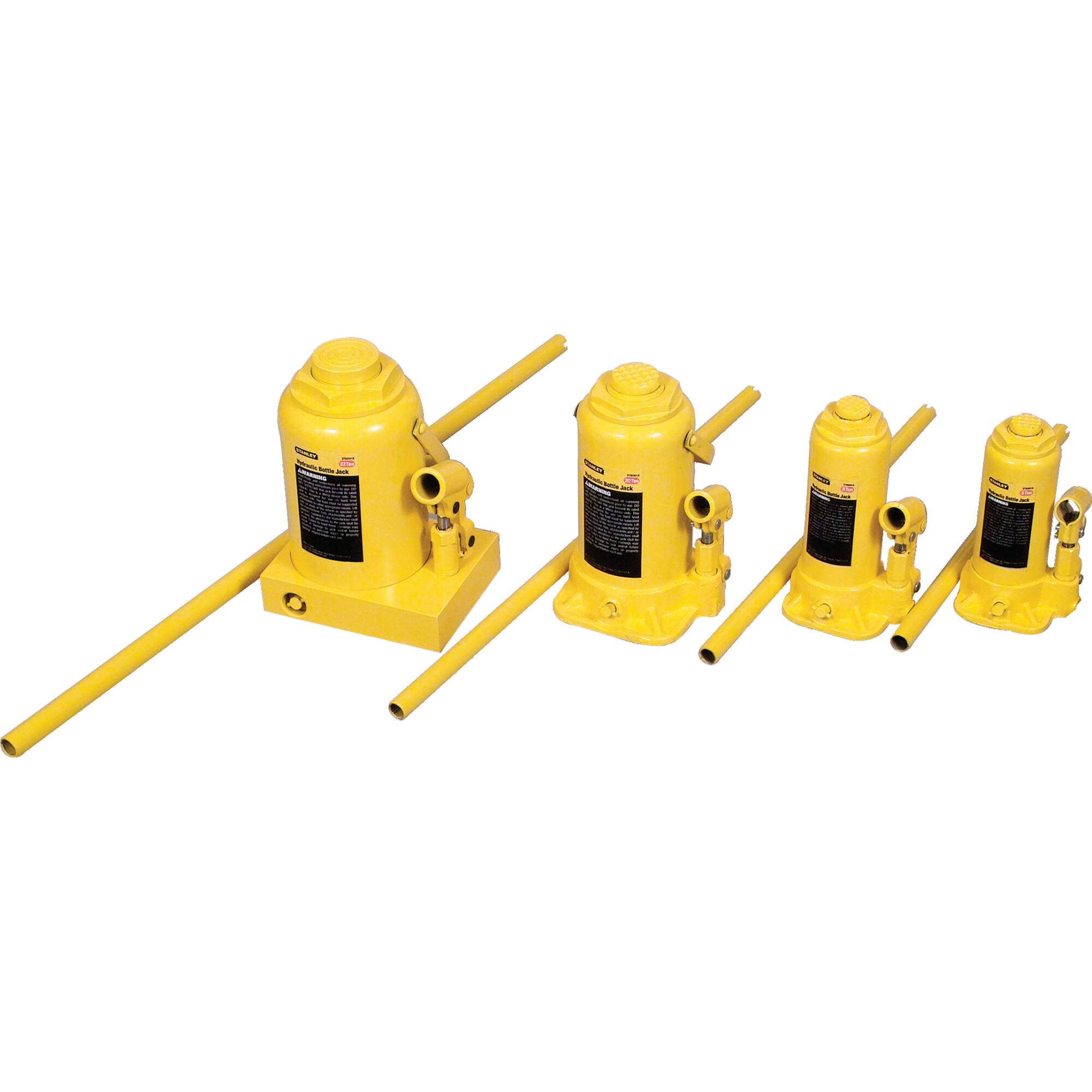 STANLEY ST92001CE set of yellow hydraulic bottle jacks, various sizes, side angle on white background.