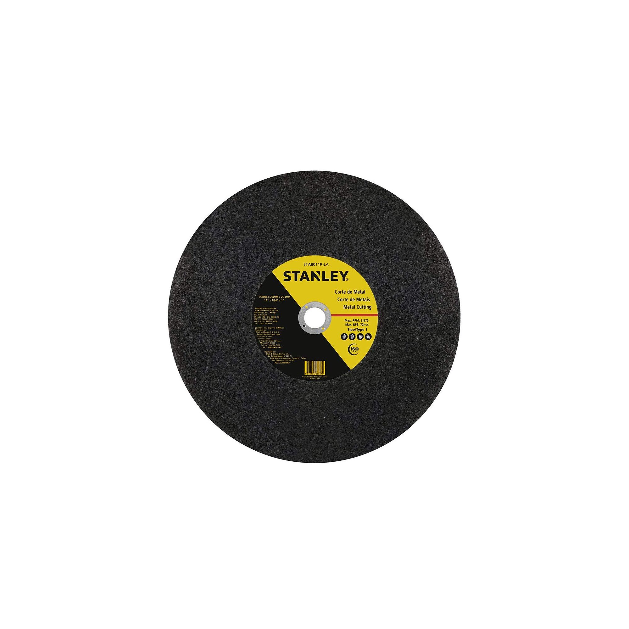 STANLEY STA8011R metal cutting disc, round black abrasive wheel photographed from front on white background.