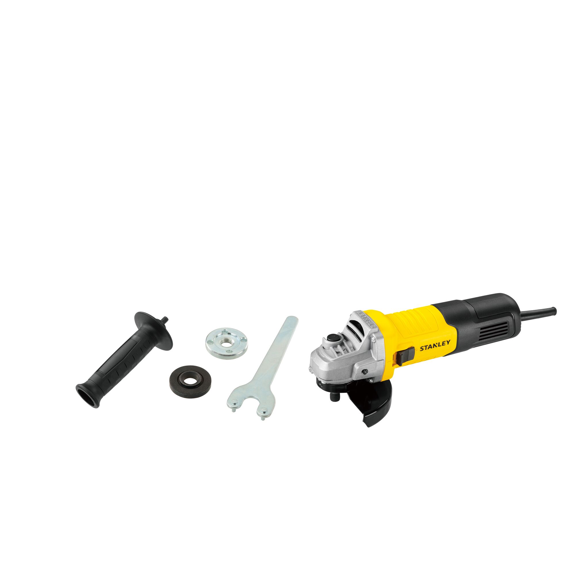 STANLEY STGS9100 angle grinder set with handle and accessories, product photography, front angle.