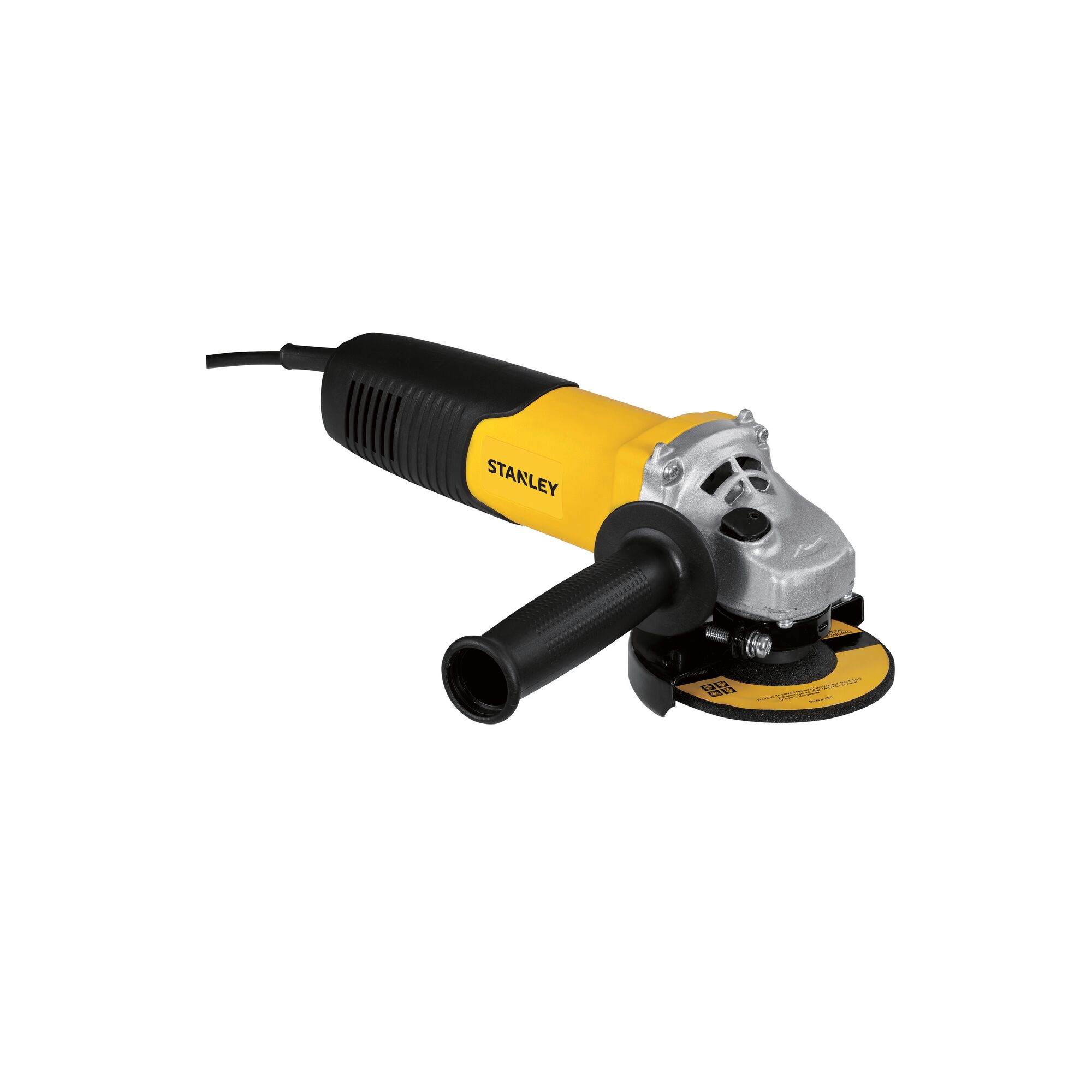Stanley yellow and black angle grinder with side handle and attached grinding disc.
