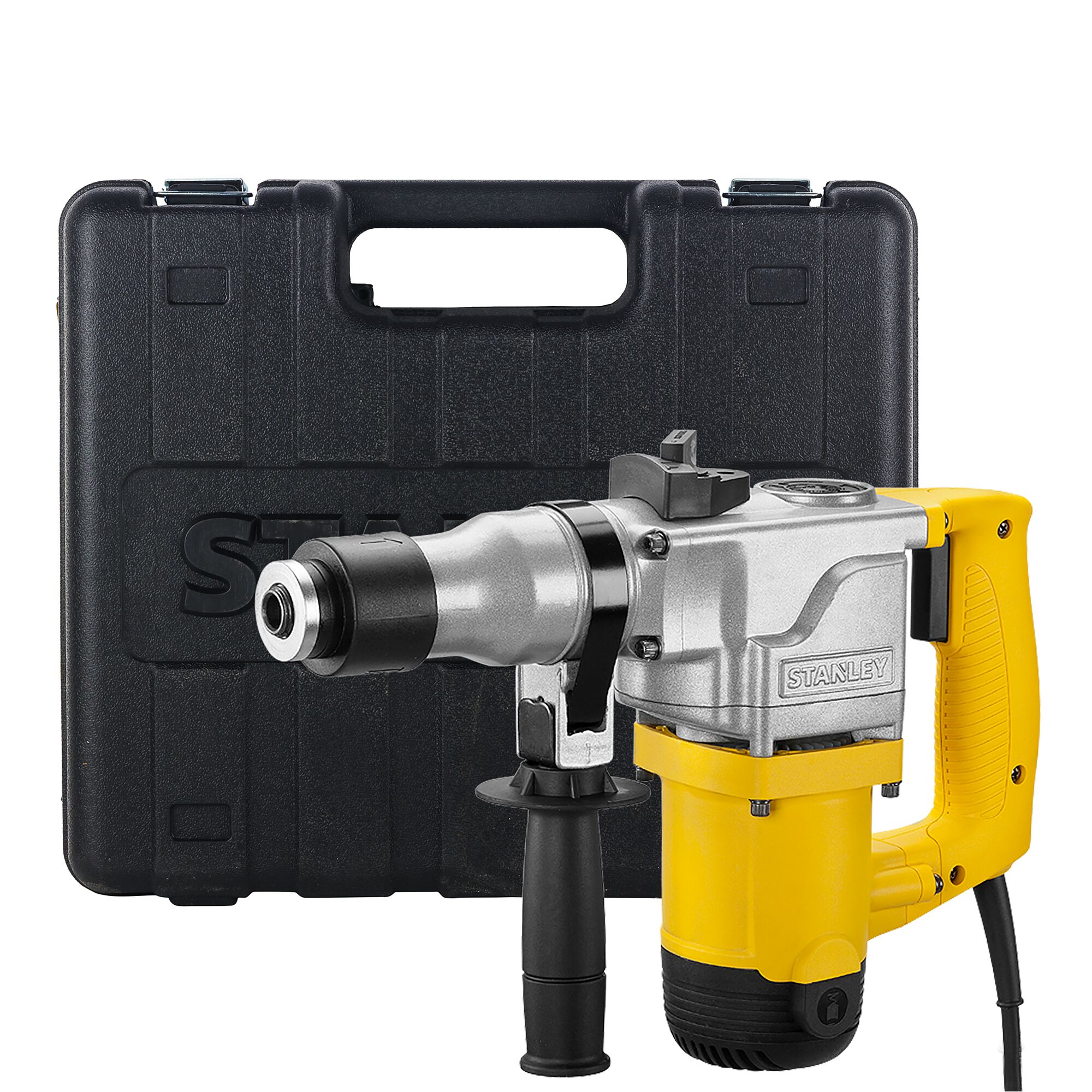 STANLEY STHR272KS rotary hammer drill with yellow body and black case, front angle.