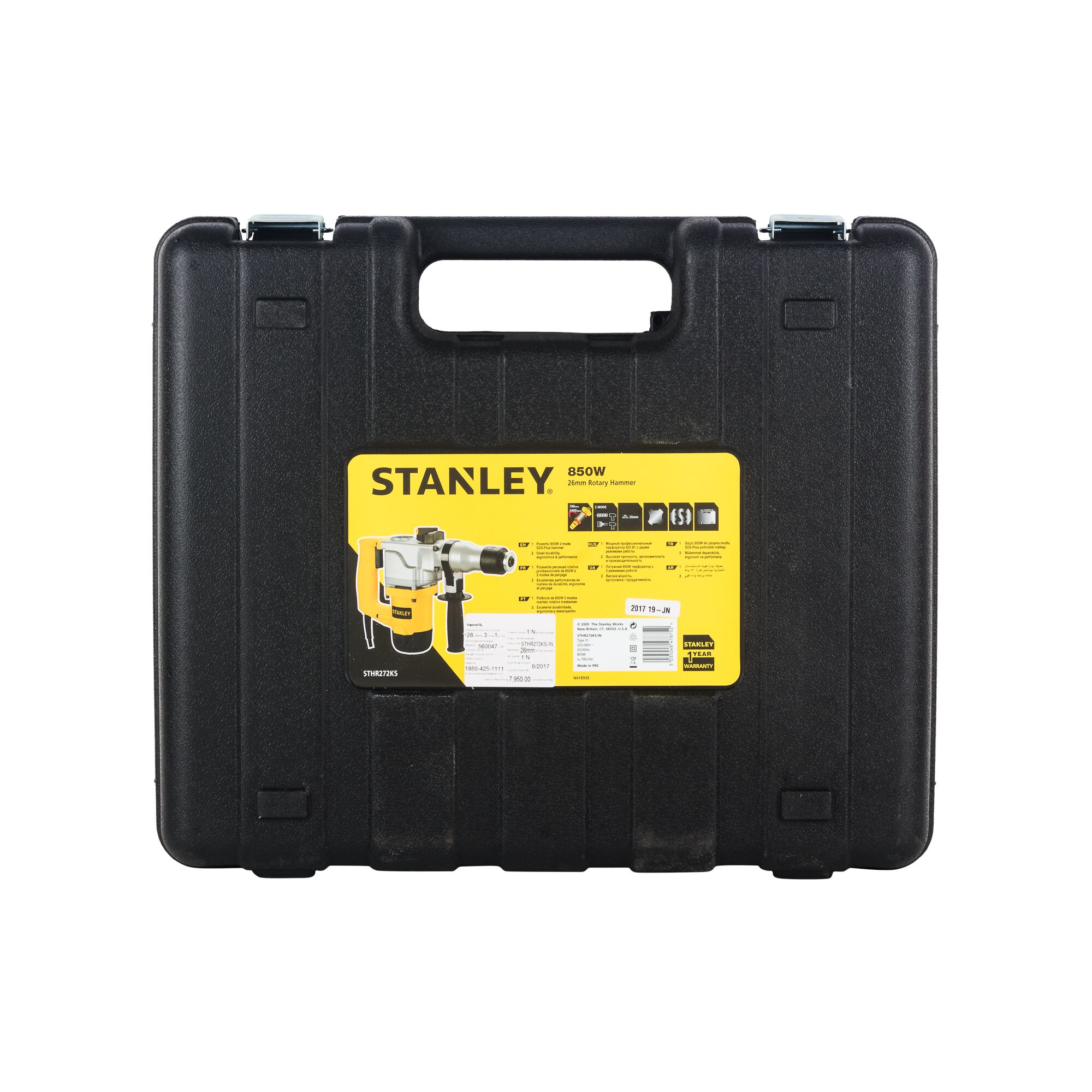 STANLEY STHR272KS black tool case, front angle, with yellow label for rotary hammer.